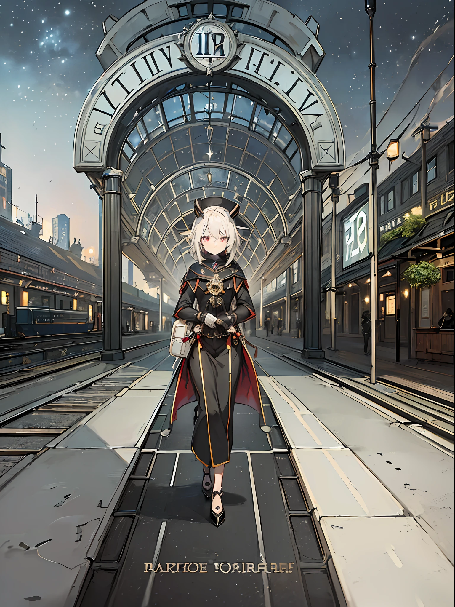 ((8K、​masterpiece、top-quality))、Landscape painting、Otherworld、((Unmanned stations))、train track、(((Station name sign)))、creepy atmosphera、goblin、divine atmosphere、femele、Odango Hair、Women's Suits、high-heels、starrysky、milkyway、star trails、7 colors of fog、Detailed drawing、Precision drawings