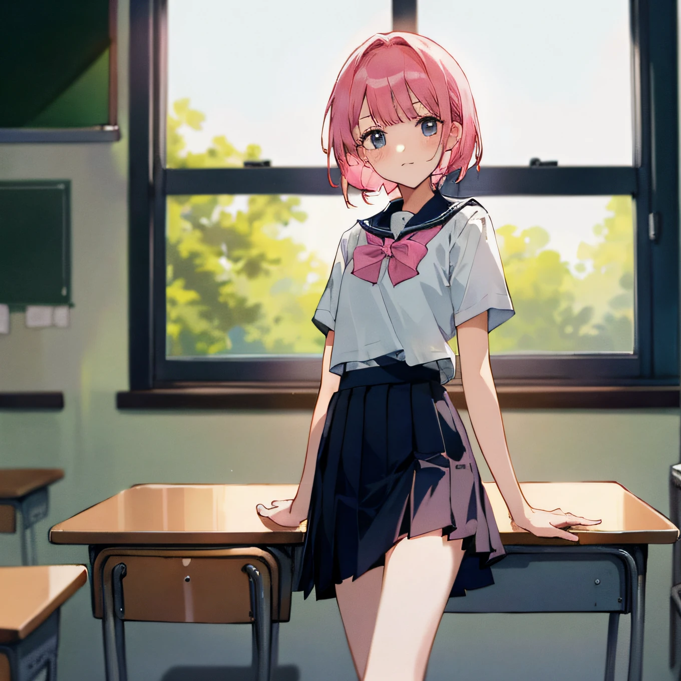 (A beautiful girl 1.2),(Wearing a short skirt school uniform 1.1),(Pink hair1.2),(masterpiece1.2),(High image quality1.2),(Stand inside the classroom 1.1)