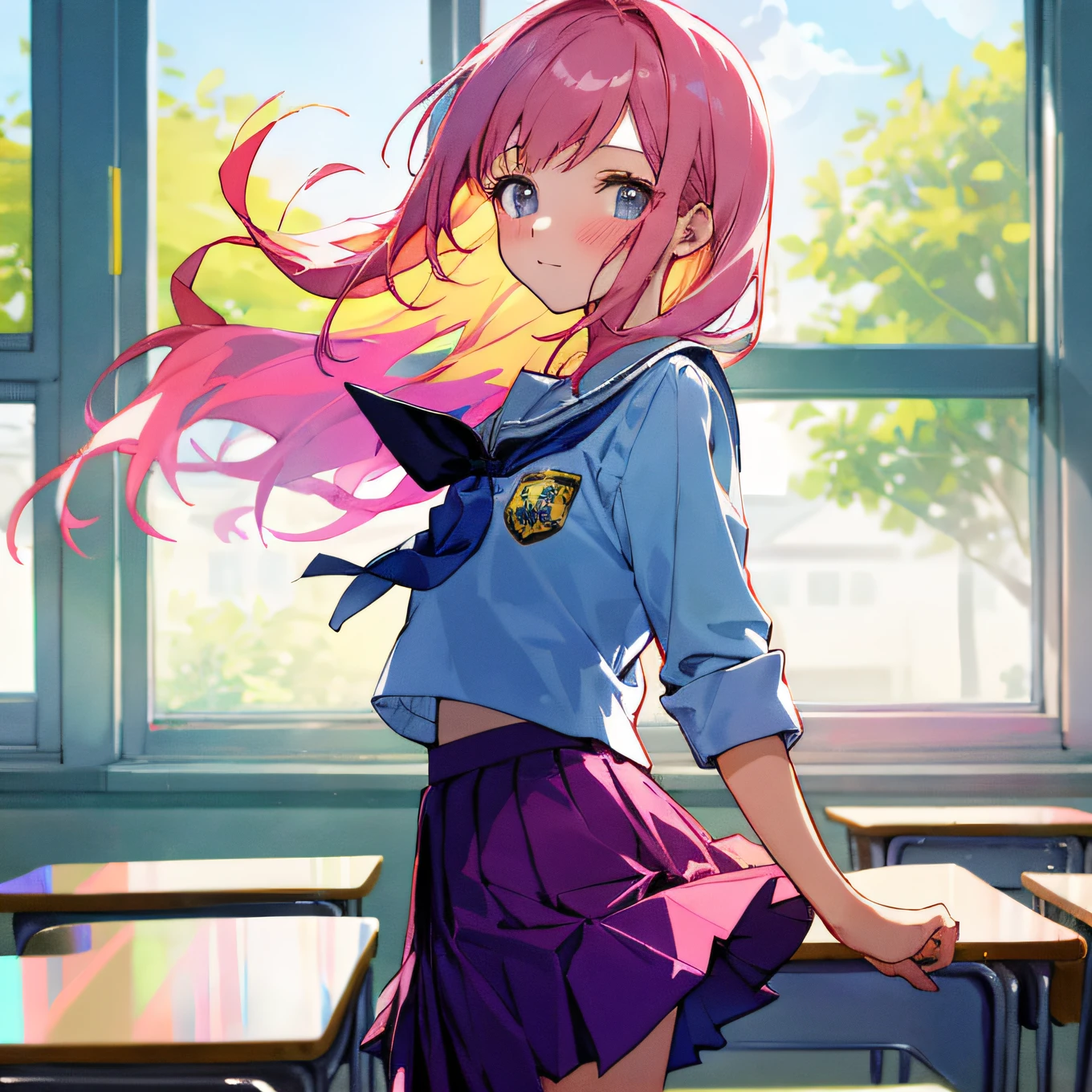 （A beautiful girl 1.2），（Wearing a short skirt school uniform 1.1），（Pink hair1.2），（masterpiece1.2），（High image quality1.2），（Stand inside the classroom 1.1）