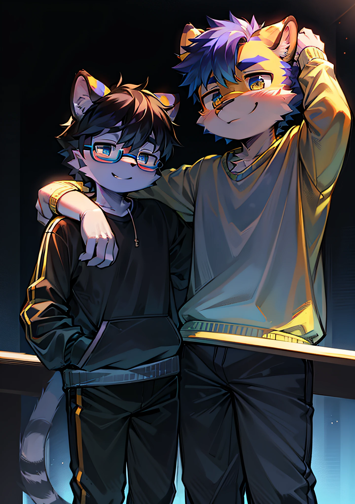 Bright environment:0.8),eyes with brightness, Upper body, Character focus.(detailedbackground:0.7), adolable,furry men,Young age,The head is on the large side,shaggy male,Sunny and cheerful,Smiling,Wear blue and black glasses,White sweatshirt,tigre,(Long felines,Shota,Normal standing posture)Steady and secure