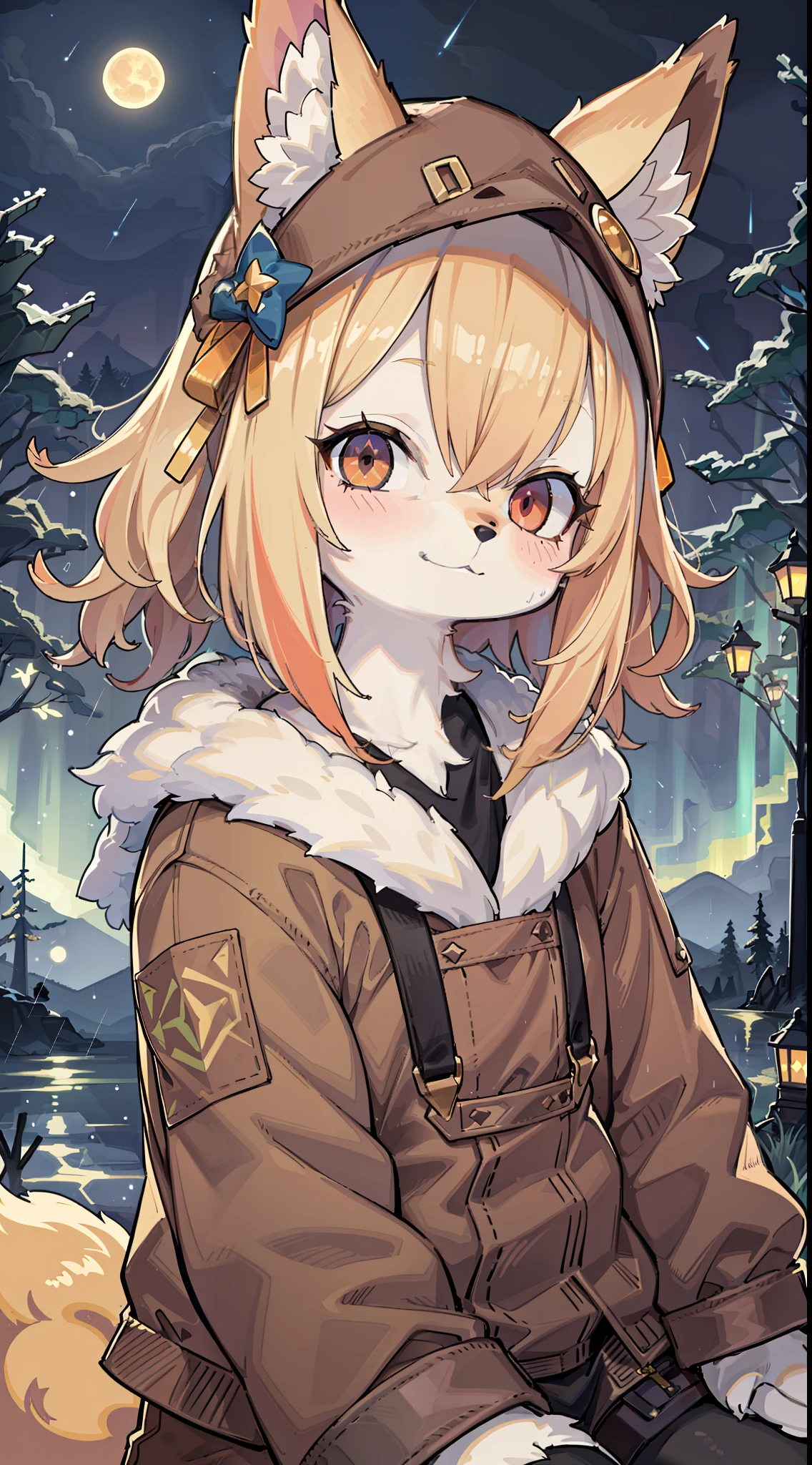 Shota the fox,hairy pubic,shaggy,Skin fur,Golden fur,Golden yellow face fur,Short straight blonde hair,Eyes have light,Red eyes,Brown elements on fur,Brown coat brown hood up,White top,brown shorts,Beautiful lights and shadows,Ambient light,Ultra-fine fur,volumettic light,natural lightting,fox tails,Fluffy tail,No Man, Lake, dark scenery, rain,Night,starrysky,Vast landscape,crossed bangs, Hairline, Shiny hair, lone nape hair, ,The smiley face has a faint blush, smiley,Sleepy,(Oversized Full Moon:1.2),(meteors:0.9),(Starcloud:1.3)(Warm light source:1.2),aurora,nevando,snowfield, Extra-long sleeves, Purple and orange,Complicated details,Volumetriclighting,Realist breakthrough(tmasterpiece:1.2)(best qualtiy),4K,Ultra-delicate,(Dynamic configuration:1.4),Highly detailed and colorful details,(Irridescent color :1.2),(luminouslighting,Atmospheric lighting),dream magical,magic,(独奏:1.2)Glowing light,Light blush, ,Single