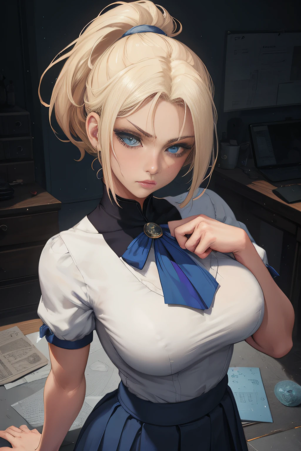8k,masterpiece, bset quality,big, (1 girl), blue_eyes, blonde hair, short hair, ponytail hair, professional lighting, (shiny skin: 1.2), shiny big, ((best quality)), sharp focus: 1.2, highly detailed face and skin texture, detailed eyes, perfect face, perfect body, blur art, cg, background, Big breasts, presence (20yo, mature cool and beautiful face), wearing ((blue skirt), white taut shirt, thigh), blush, (mittgal), random pose, top view, perfect eye, angry face, artgerm art style