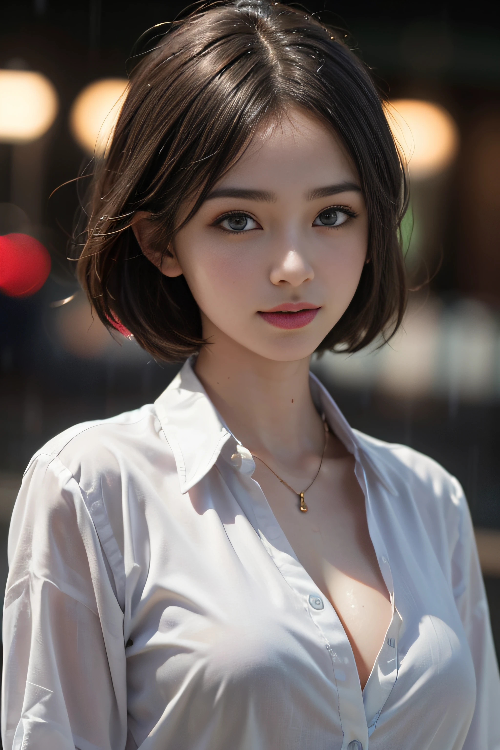 (button up to shirt length: 1.2), (White shirt wet by rain), (unbuttoned shirt: 1.1), perky big breasts, deep cleavage, best quality, masterpiece, illustration, very delicate and beautiful, very detailed, CG, Unity, 8K wallpapers, amazing, fine detail, highly detailed CG Unity 8K wallpapers, very detailed, high resolution, very detailed eyes and face, Stunning detailed eyes, light on the face, (best shadow: 1.1), ultra high resolution, (photorealistic: 1.2), realistic face proportions, smile, (makeup: 0.4), (fluffy black eyes: 1.21), black eyes, looking at the viewer, blonde, bob hair, necklaces, cowboy shots, (dark night background: 1.2), (bokeh: 1.4)