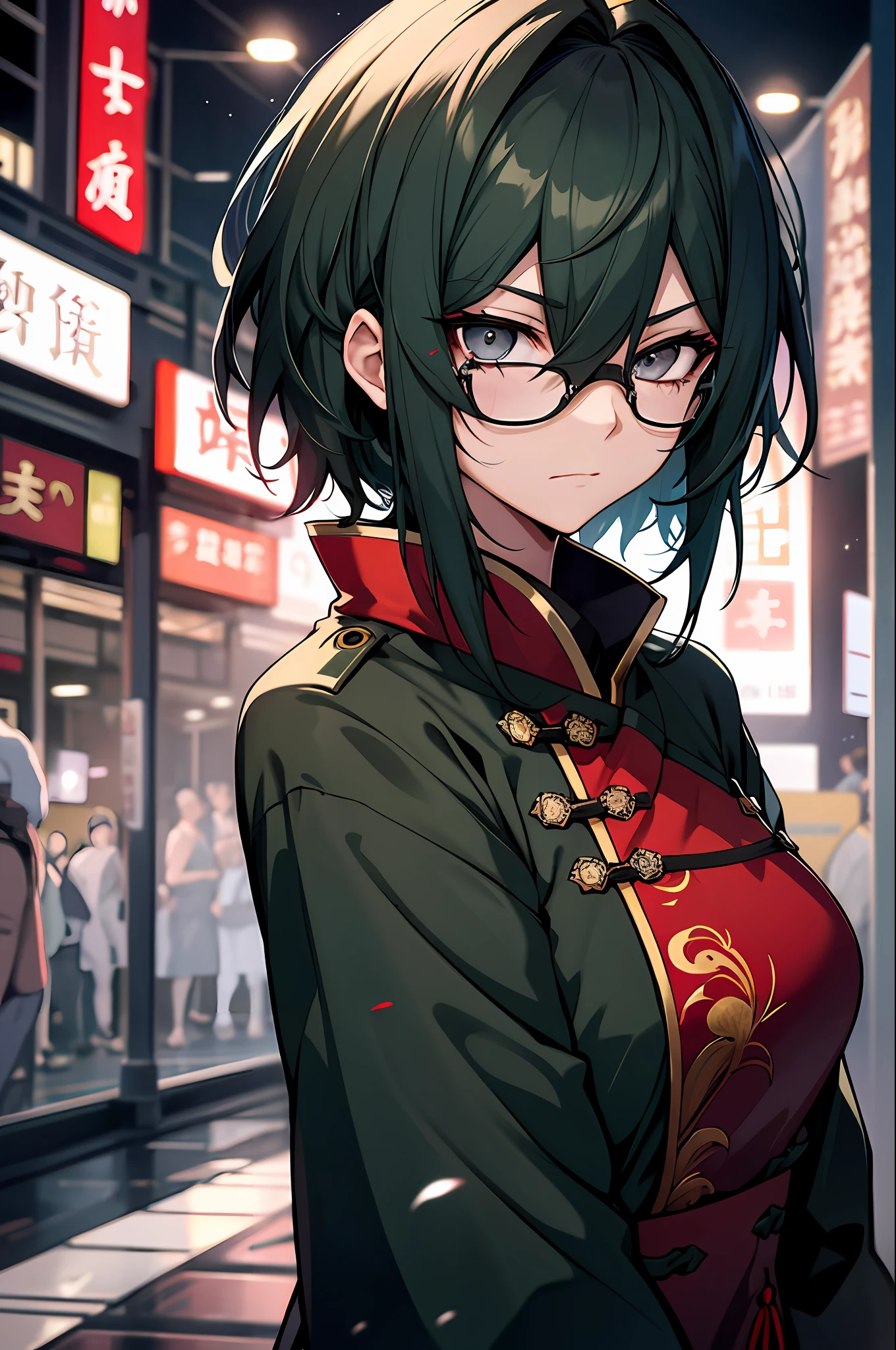 1girll,nightcity,Sateen,Dark green hair,short detailed hair,Black eyes,Chinese outfit,eye glass,Indifferent expression,blood spatter,Dark tones,