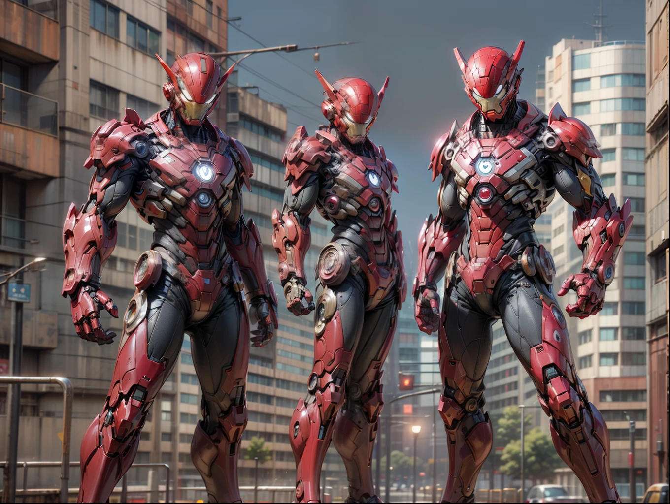 3dcharacter warrios, ironman, Marvel (full bodyesbian:1.2),Spiderman and werewolf, standing looking at each other, urban backdrop, universe background, 3D, C4D,, Masterpiece,Best quality,(red gradient background:1.1)