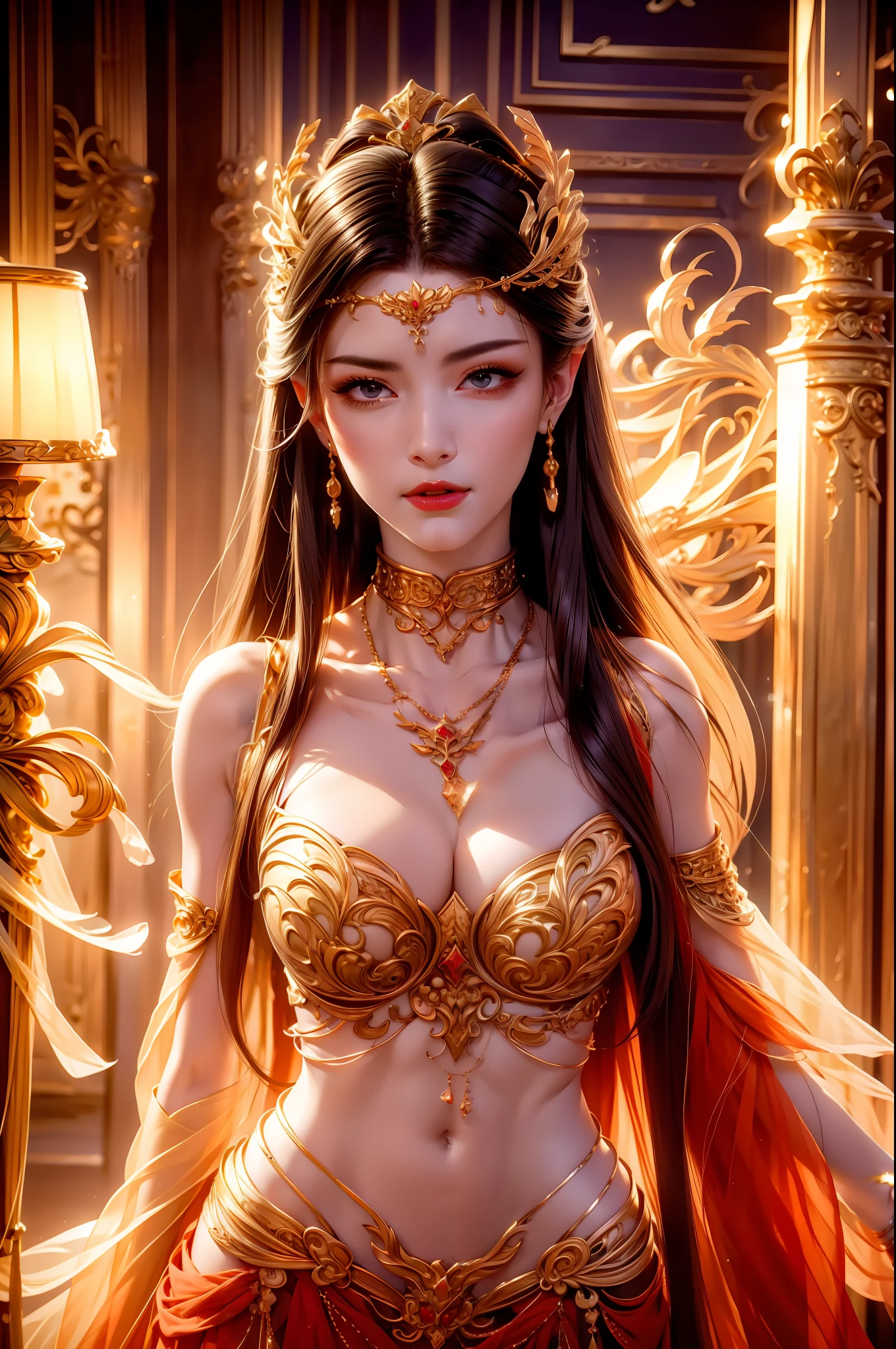 Noble goddess，posing elegantly，Stately atmosphere，face to the viewer，looking to the camera，Best quality、tmasterpiece、A high resolution、1girll、Sheer silk porcelain dress、Nice face、Busty body，hair adornments、looking at viewert、cparted lips、shift dresses、hair adornments、choker necklace、jewely、long whitr hair、耳Nipple Ring、pretty  face、（Keep one's mouth shut），Maintain integrity，standing on your feet，Ancient mythology、Ancient palaces，Luxurious and detailed background、hentail realism、profesional lighting、edge lit、bicolor lighting、（highdetailskin：1.2）、8K, Ultra HD、Digital SLR、softlighting、high high quality，Volumetriclighting，photore，High resolution 4K，8K，blur backgroun，hight contrast，largeaperture，automatic white balance，cinematic compositions，realisticlying，（full bodyesbian），long leges。