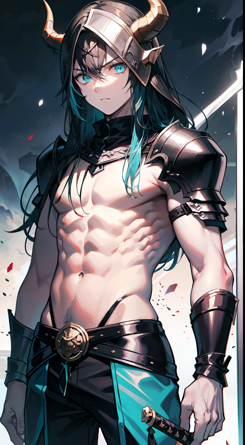 young boy, Long, black, unkempt hair,,, Cyan eyes, brawn, Viking, open torso, horned helmet, a sword, grimm, Masterpiece, hiquality
