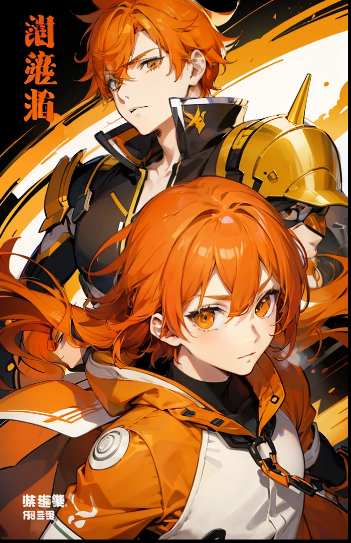 manga cover, anime style, (((1 men))), (((1 women))), adult, orange and white pallete colour, half body, (((orange hair))), mecha style, good anatomy