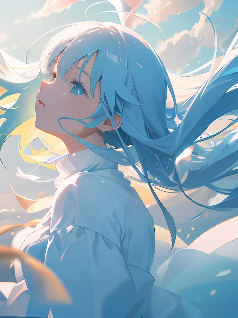 Movie Still, Cloud Girl, Floating in the Sky, (Close-Up: 1.1), bright, happy, fun, soft lighting