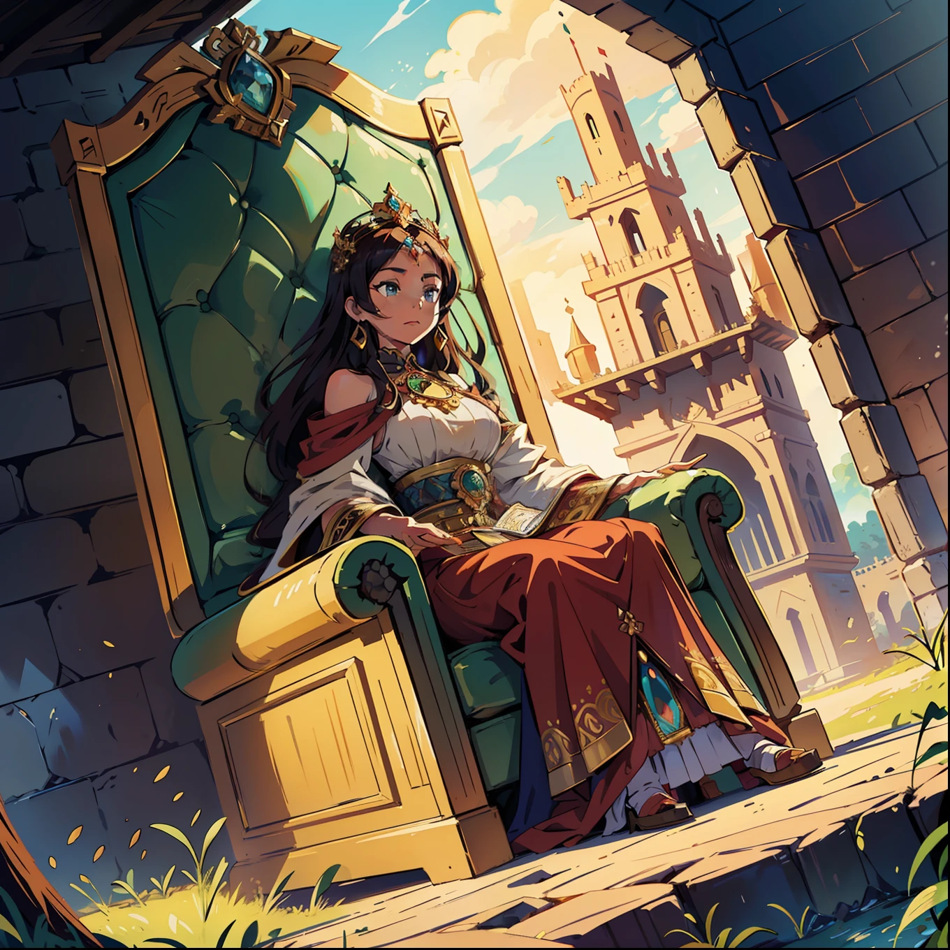 Step into a mesmerizing world of ancient splendor as you witness the grandeur of a Sub-Saharan Queen seated regally on her throne in a magnificent desert palace. This Leonardo.ai prompt offers a captivating cinematic low-angle shot, immersing you in the opulence and power of a powerful monarch ruling over a vast and arid kingdom.