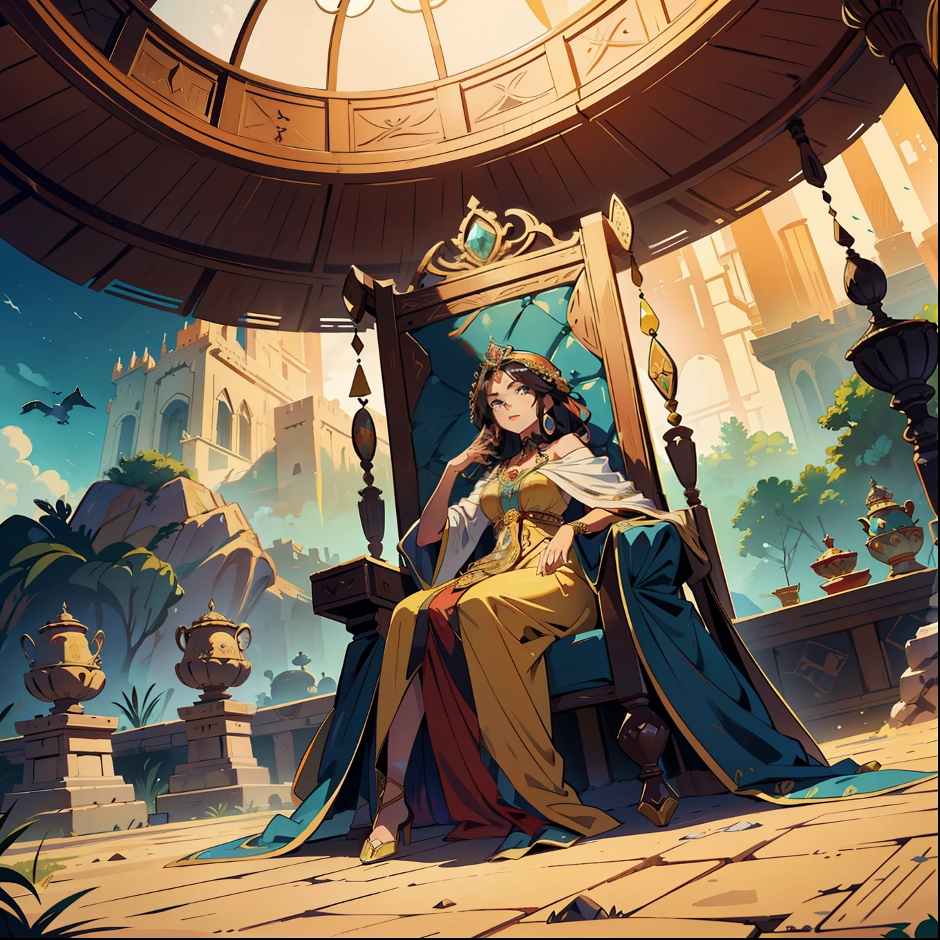 Step into a mesmerizing world of ancient splendor as you witness the grandeur of a Sub-Saharan Queen seated regally on her throne in a magnificent desert palace. This Leonardo.ai prompt offers a captivating cinematic low-angle shot, immersing you in the opulence and power of a powerful monarch ruling over a vast and arid kingdom.