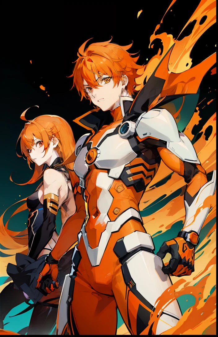 manga cover, anime style, (((1 men))), (((1 women))), adult, orange and white pallete colour, half body, (((orange hair))), mecha style, good anatomy