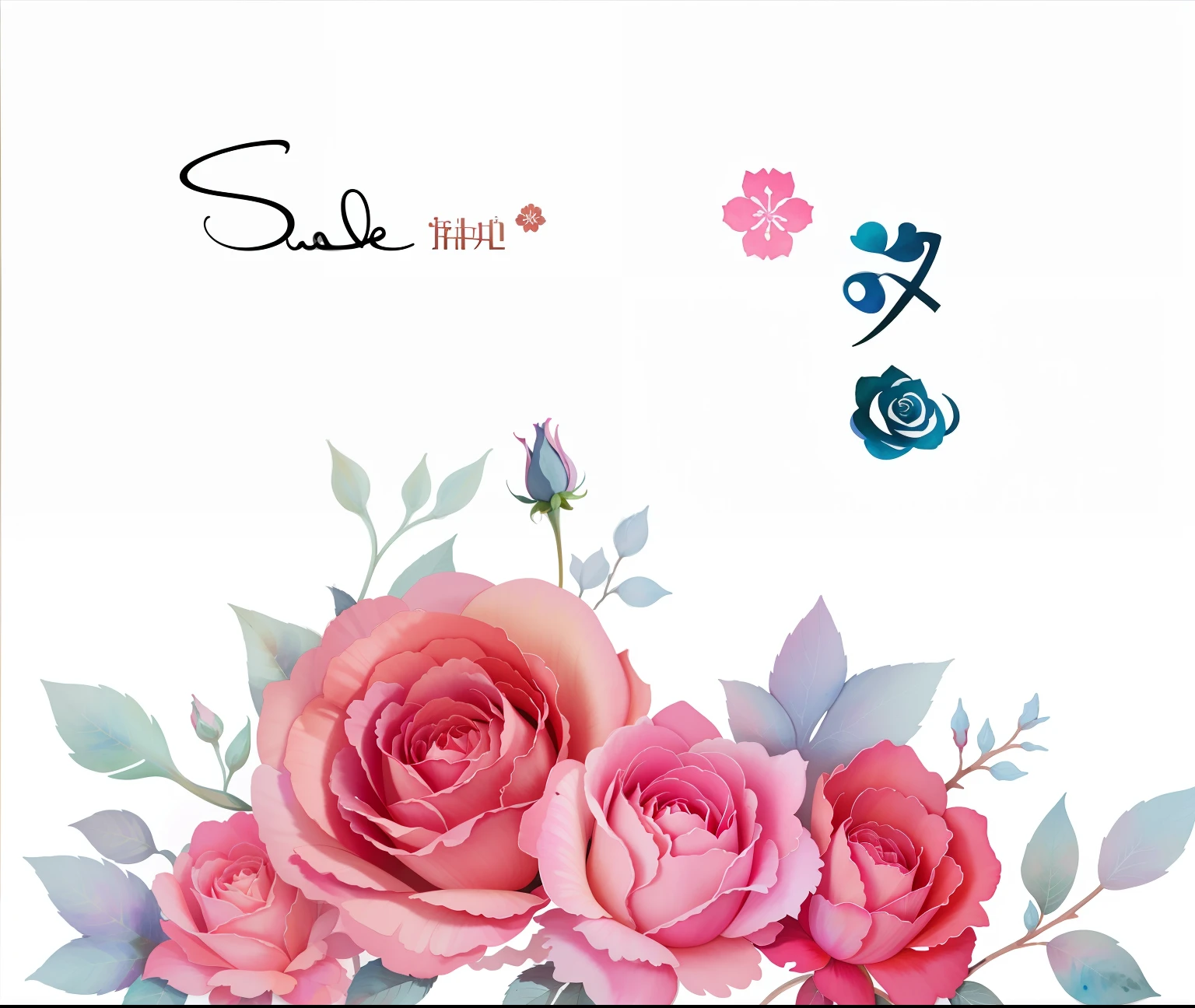 Abstract pink rose，the wallpaper，gouache painting，Bright colors，There are water droplets on the petals，The flowers and leaves are intact，Graphic design style，iintricate，Clear details，Has a small amount of metallic linear color，White clean undertone，4k，