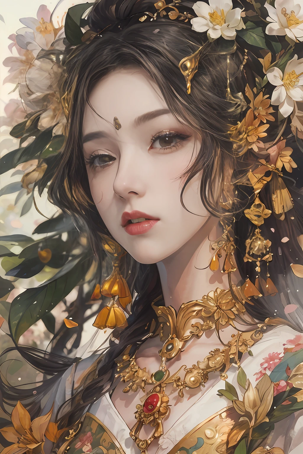 Original,(illustratio:1.1),(best qualtiy),(tmasterpiece:1.1),(the Extremely Detailed CG Unity 8K Wallpapers),(a color:1.2),1 Osmanthus flower god,goddes,Model figure,ancient costume,best qualtiy,Extremely detailed jewelry,Osmanthus petals,scenecy,rios|Wagas,
