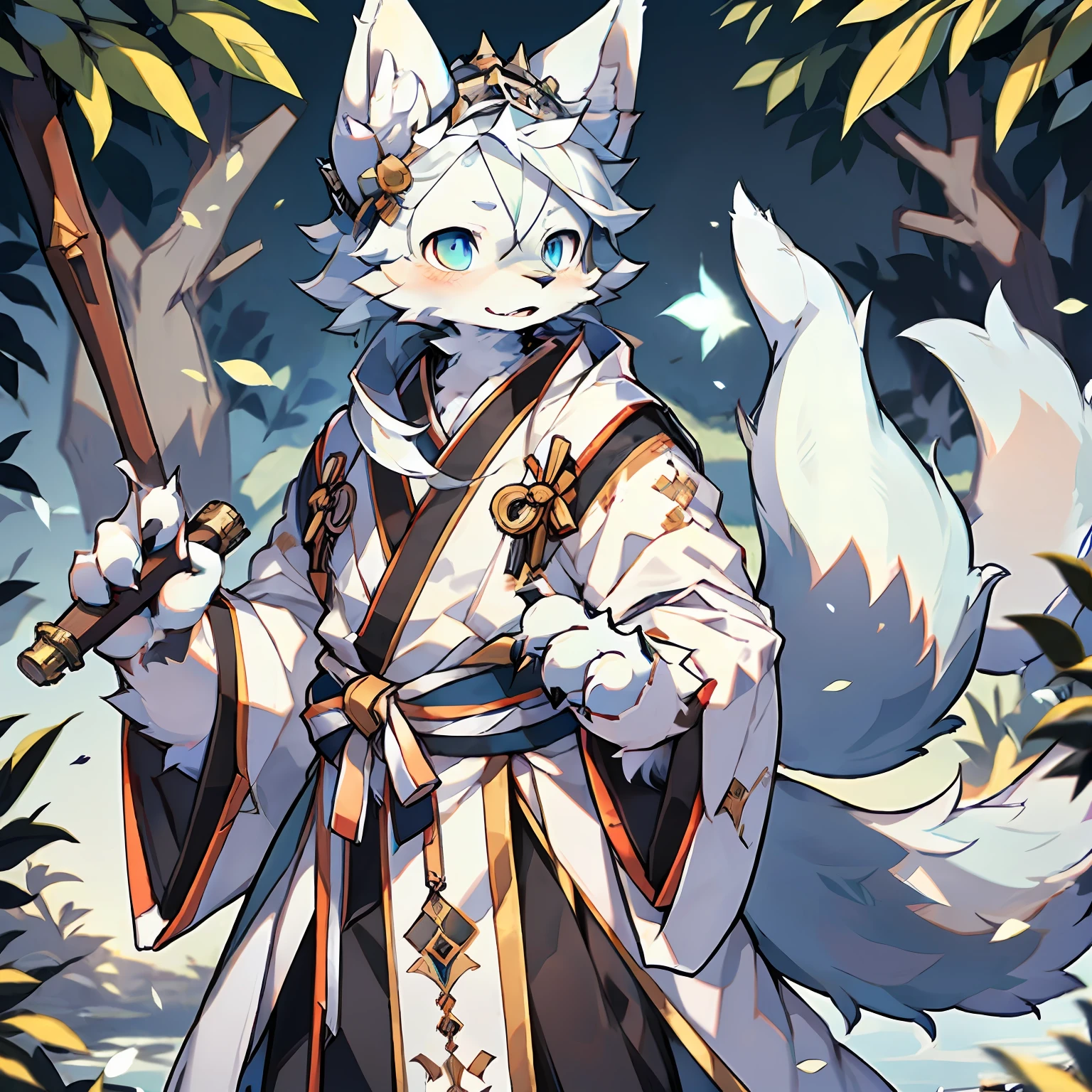 (Best picture quality), (tmasterpiece), ((solo person)),(ultra - detailed), (hairy pubic), Hairy all over，Wearing pure white Hanfu ,(Male white wolf:1.5), (White-colored skin:1.3), (Fluffy tail:1.2), Character focus,(Royal blue eyes), (Canine paws), (White ears),tack sharp focus,(The furry feeling of animal ears),，cultivating immortals，Control the power of the water system