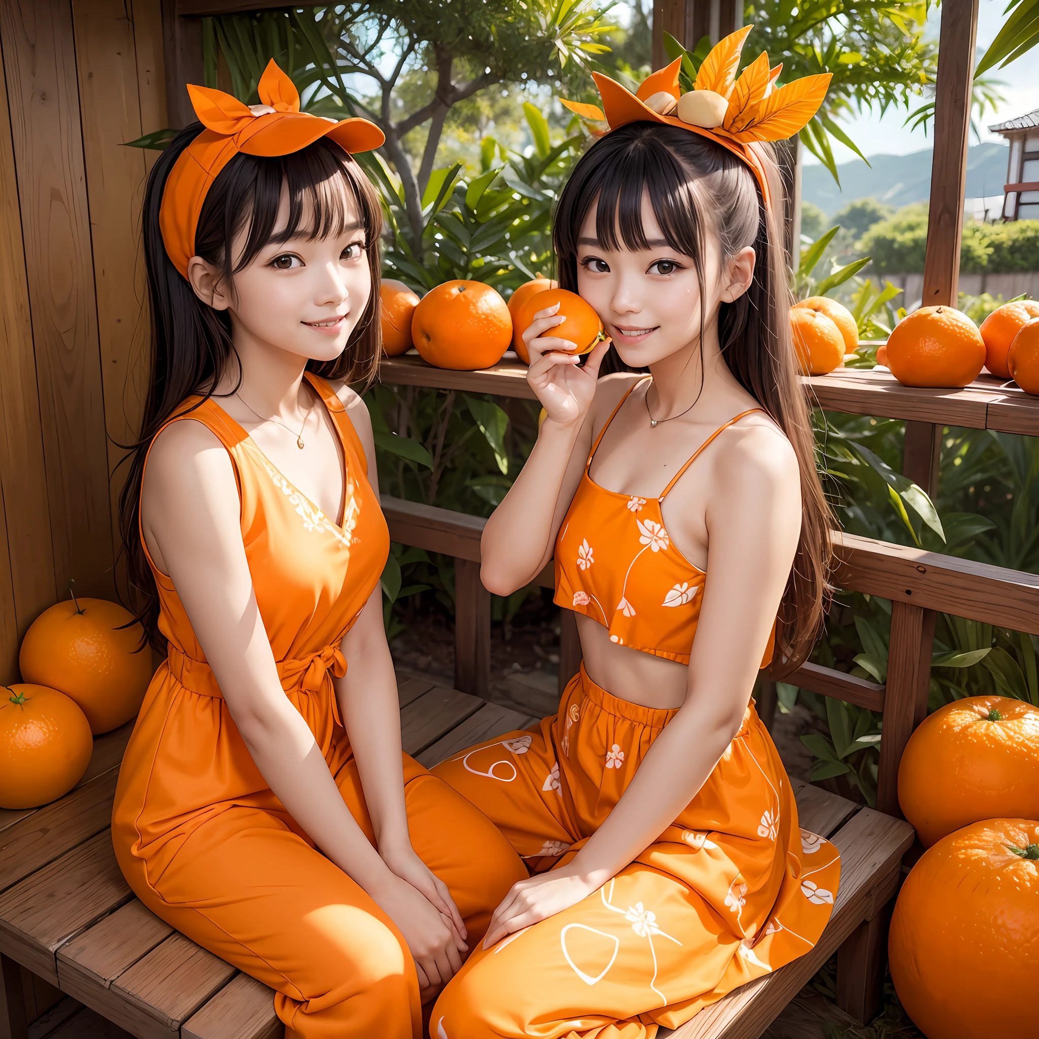 masterpiece、top-quality、realisitic、Photorealsitic、Orange-themed paradise、Teenage Japan woman in cute costume with orange motif、Orange Accessories、Eating oranges、Surrounded by lots of orange slices、Orange plantation、Bright décor、A smile、Joy、dynamic ungle、动态照明