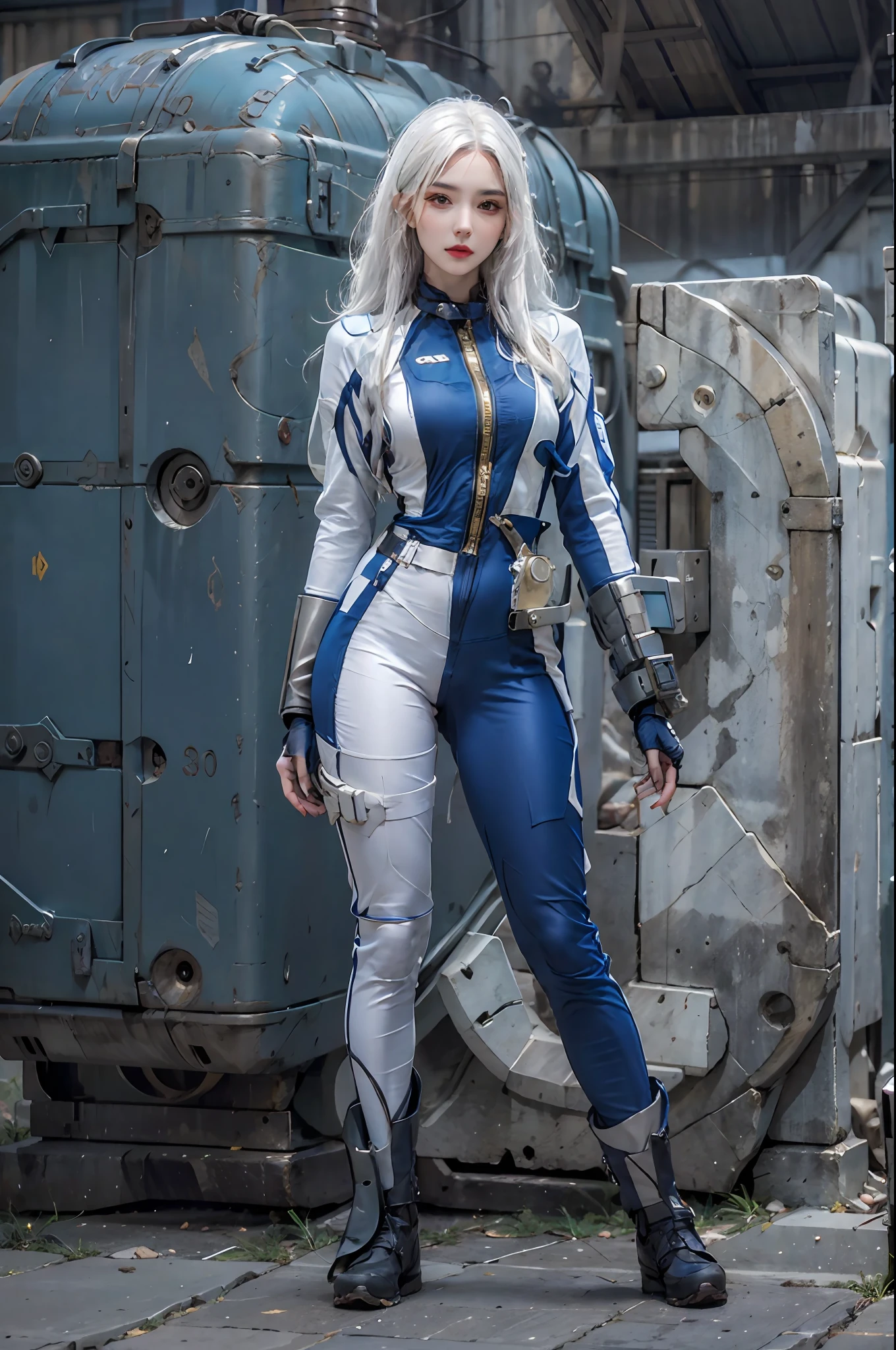 photorealistic, high resolution, 1women, solo, hips up, look at viewer, (detailed face), white hair, long hair, vaultsuit pipboy3000, blue suit