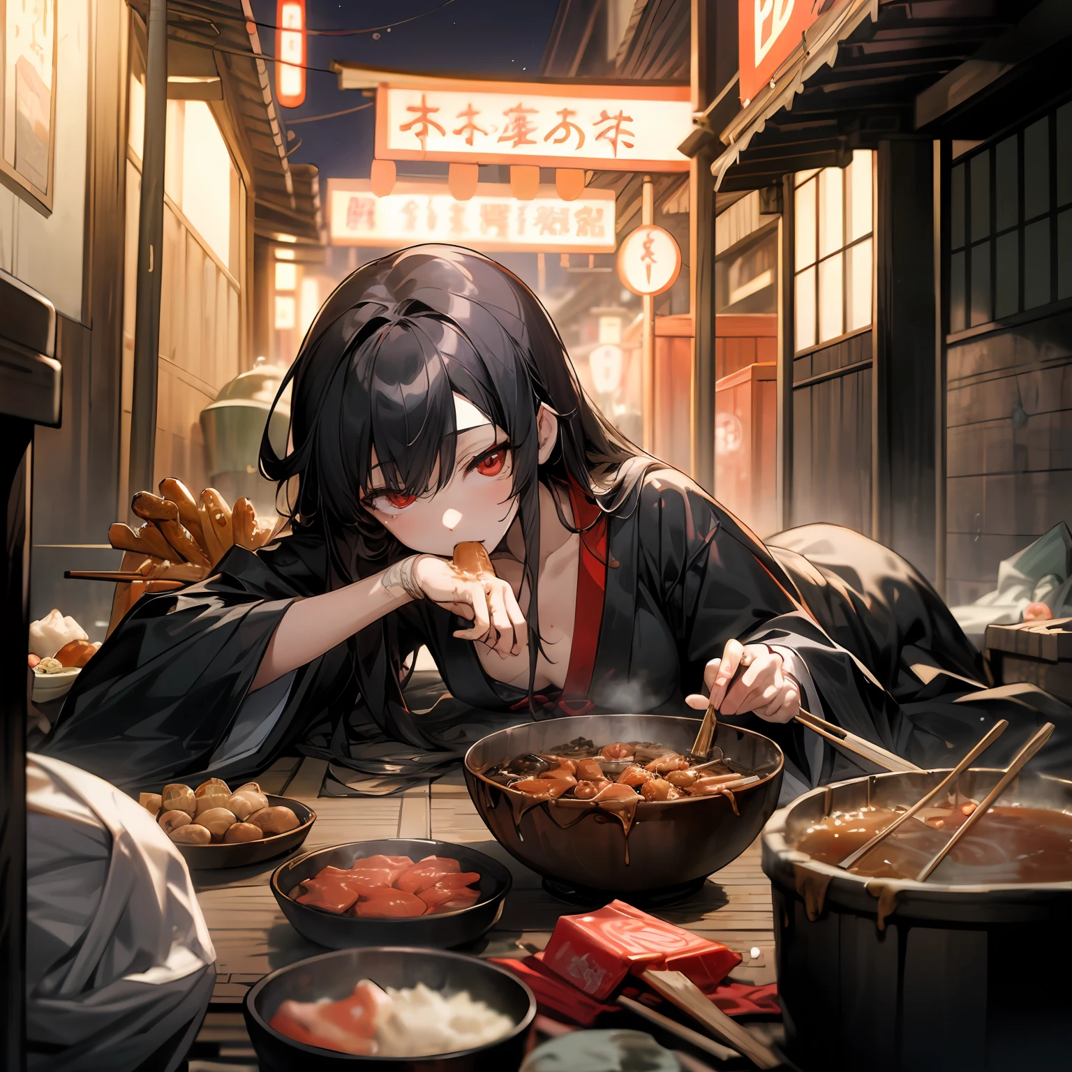 (masterpiece, best quality),(night,trash,junk:1.3),(alley in Japan,casserole),1girl,eating,messy,empty can,black hair,long hair,messy hair,red eyes,black clothes,japanese clothes,crate,skewer,tokkuri,sukiyaki,oden,small breasts,lie down on the ground,expressionless,ceiling