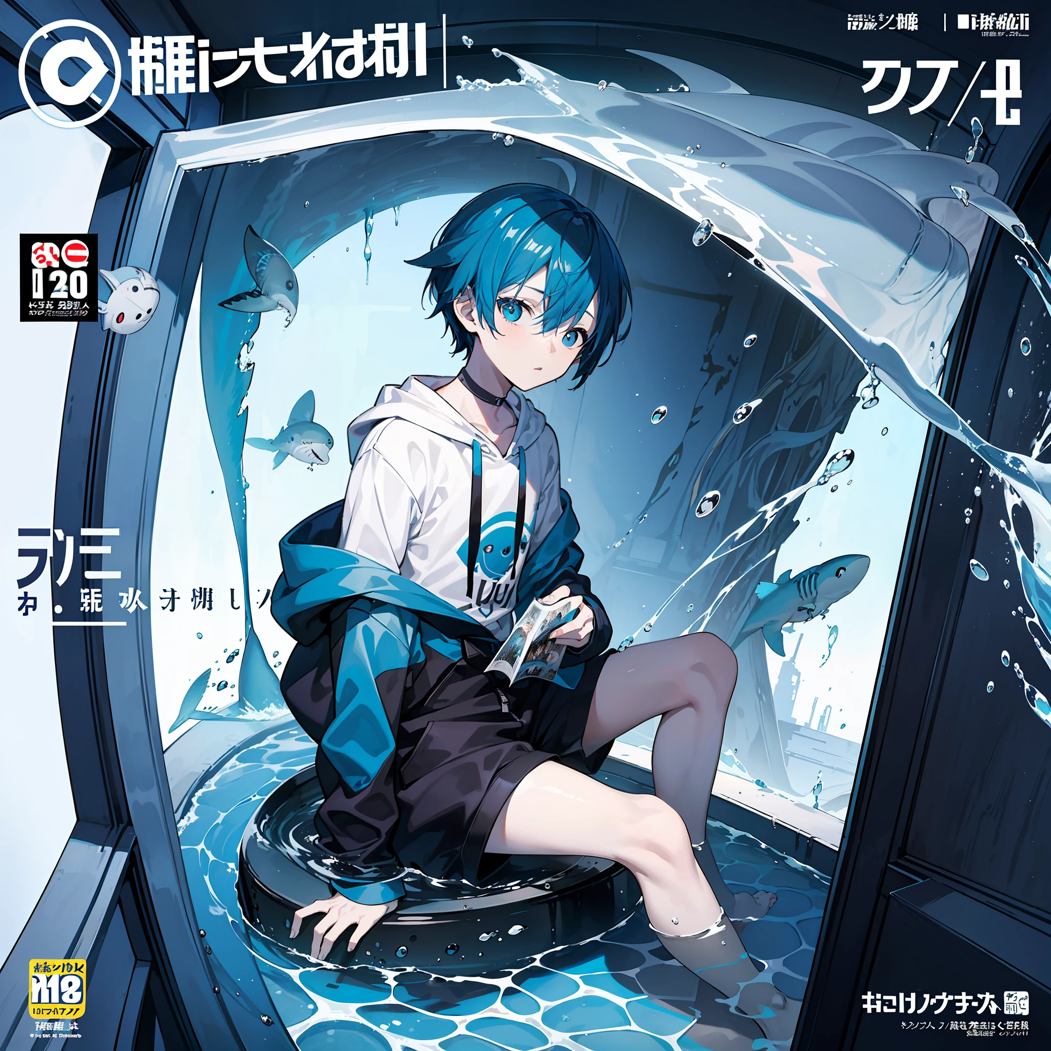 masterpiece, best quality, full body, (1boy), (blue shark hoodie), (Boy Messy Japanese Round Haircut for Thick Hair), (blue hair), black shorts, ((solo)), (magazine:1.3), (cover-style:1.3), fashionable,Under water, (in side tunnel aquarium),