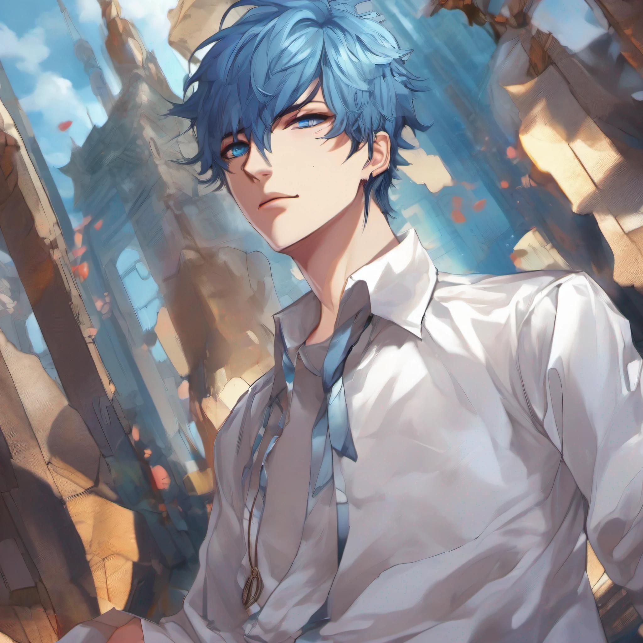 Anime boy with blue hair and white shirt looking at camera, handsome guy in demon killer art, Male anime style, male anime character, with blue hair, G Liulian art style, High Quality Anime Art Style, Inspired by Bian Shoumin, anime style character, by Yang J, Azure. detailed hairs, 2 d anime style, Tall anime guy with blue eyes