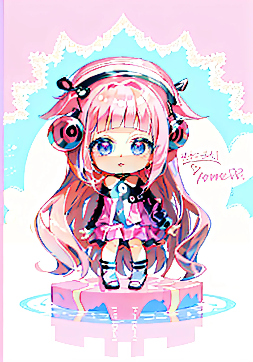 Anime girl with pink hair and headphones sitting on pink surface, cute kawaii girls, Kawaii chibi, chibi girl, Cute anime girl, Chibi anime girl, Cute anime style, small loli girl, anime chibi, humanoid pink female squid girl, Soft anime illustration, small curvaceous loli, Cute anime, Chibi Art, kawaii anime manga style, (Anime girl)