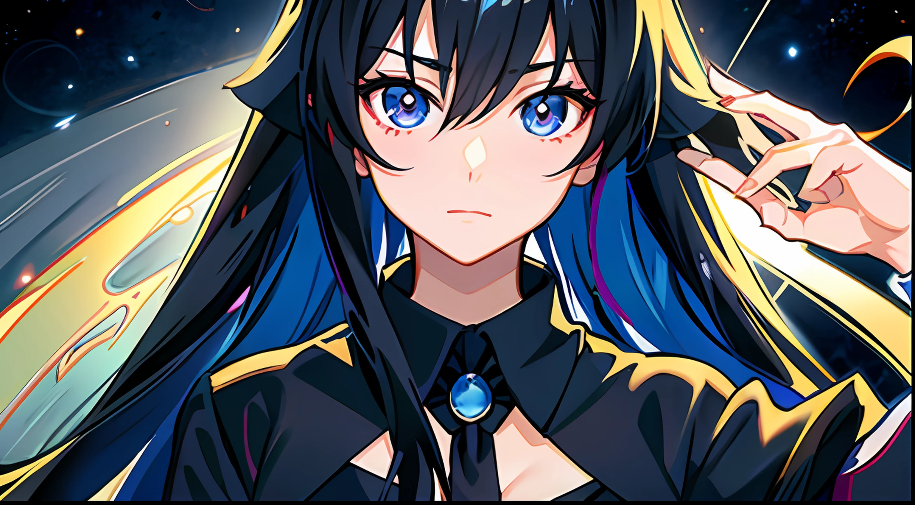 Anime girl with long black hair and blue shirt and tie, portrait anime space cadet girl, Portrait Chevaliers du Zodiaque Fille, anime moe art style, Official artwork, black-haired mage, anime big breast《kingpin》Albedo in , Hestia, portrait gapmoe yandere grimdark, ilya kuvshinov with long hair, anime portrait of shiina ringo