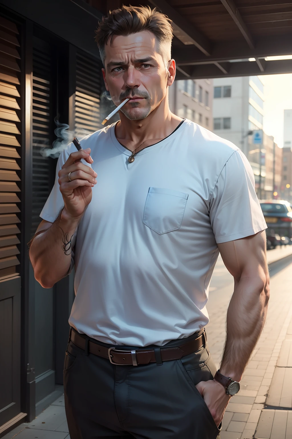 middle aged man,Smoking a cigarette,Hold a cigarette case in one hand,The shirt