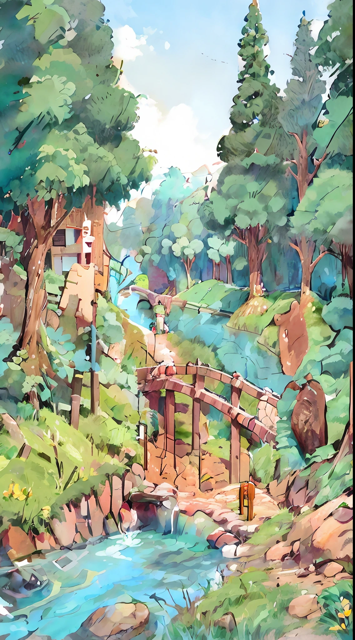 a smile、Wide variety of children、Clothes are also different、Forests rich in nature、Running around and playing、Swimming in the river、Climbing、Running around、Muddy、high-level image quality、hightquality、kawaii、Manga style、