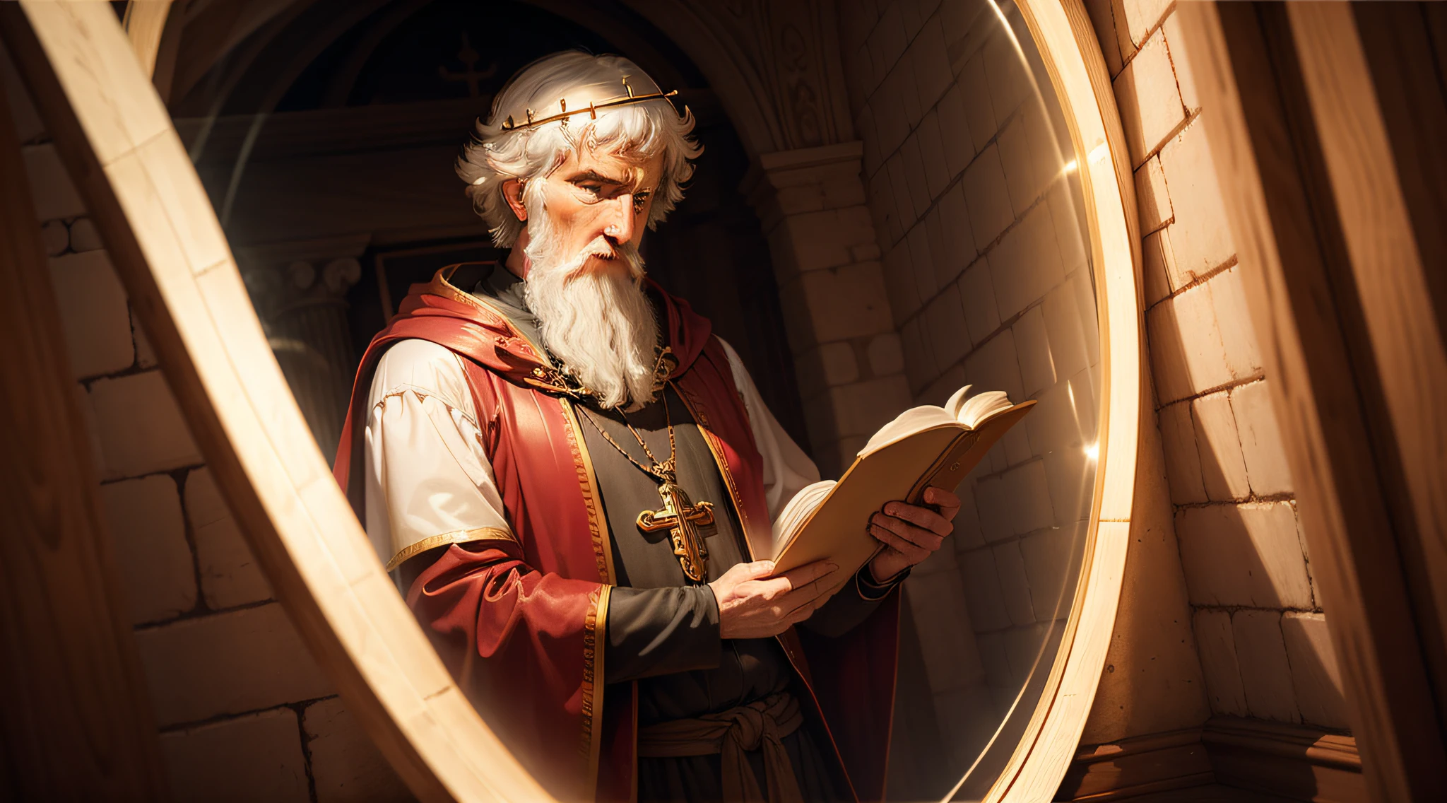 draw the biblical character St. Benedict with reflections of light in the background