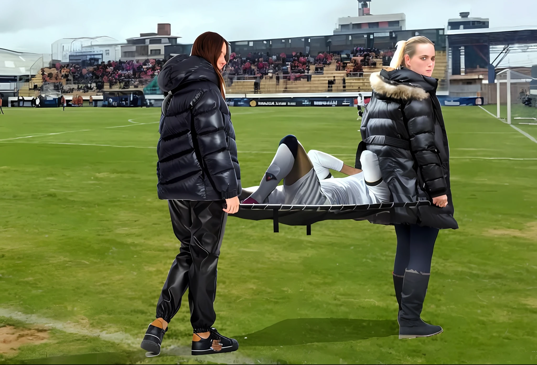 There is a man lying on a stretcher with his hands crossed over his face, a man in a t-shirt and sports shorts has crossed his hands over his face, the man has an agonised face under his hands, two longhaired and ponytailed women that are wearing very shiny coats, there are longhaired women wearing laquered puffy coats, longhaired women are walking in wetlook puffy coats, several women walking around a football field with an injured athlete on a stretcher, the injured athlete on the stretcher covers his face with both hands, the women look very worried, behind the women there is a frightening atmosphere, there is heavy rainfall in the background, video still, behind the scenes, Malika Favre, screenshot, footage, 4 0 9 6, cover photo, aesthetic shot, dramatic mood, intense scene, Making of, Mongezi Ncaphayi, Thriller atmosphere, Filming, Edited