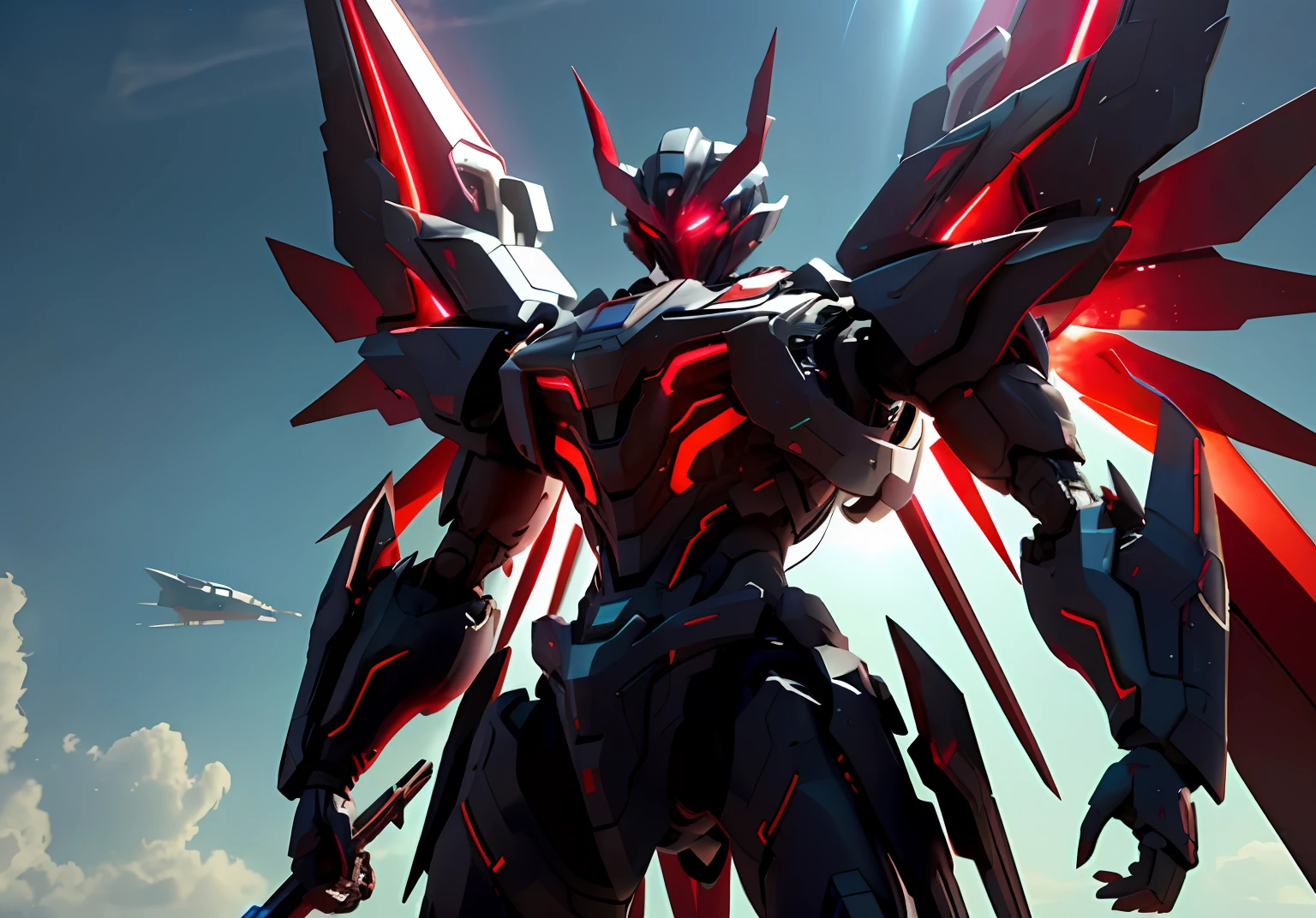 dramatic angle,dynamic angle,an extremely delicate and beautiful mecha, 8k wallpaper,masterpiece,best quality,illustration,mecha, sunlight,sunbeam,backlighting,Contre-Jour,science_fiction, glowing, no_humans, realistic, red_eyes, solo, mechanical_wings, standing, glowing_eye,  cloud, glowing_eyes, jet, day, crimson sword, Exo Yuuki is a formidable and menacing robotic entity, created with cutting-edge technology and designed to execute with ruthless precision. His appearance is likely to be a combination of advanced robotics and dark aesthetics, emphasizing his malevolent nature, Exo Yuuki stands as a nightmarish fusion of cutting-edge technology and grim malevolence. His metallic frame exudes an aura of cold and foreboding, leaving all who behold him with an unsettling sense of dread.