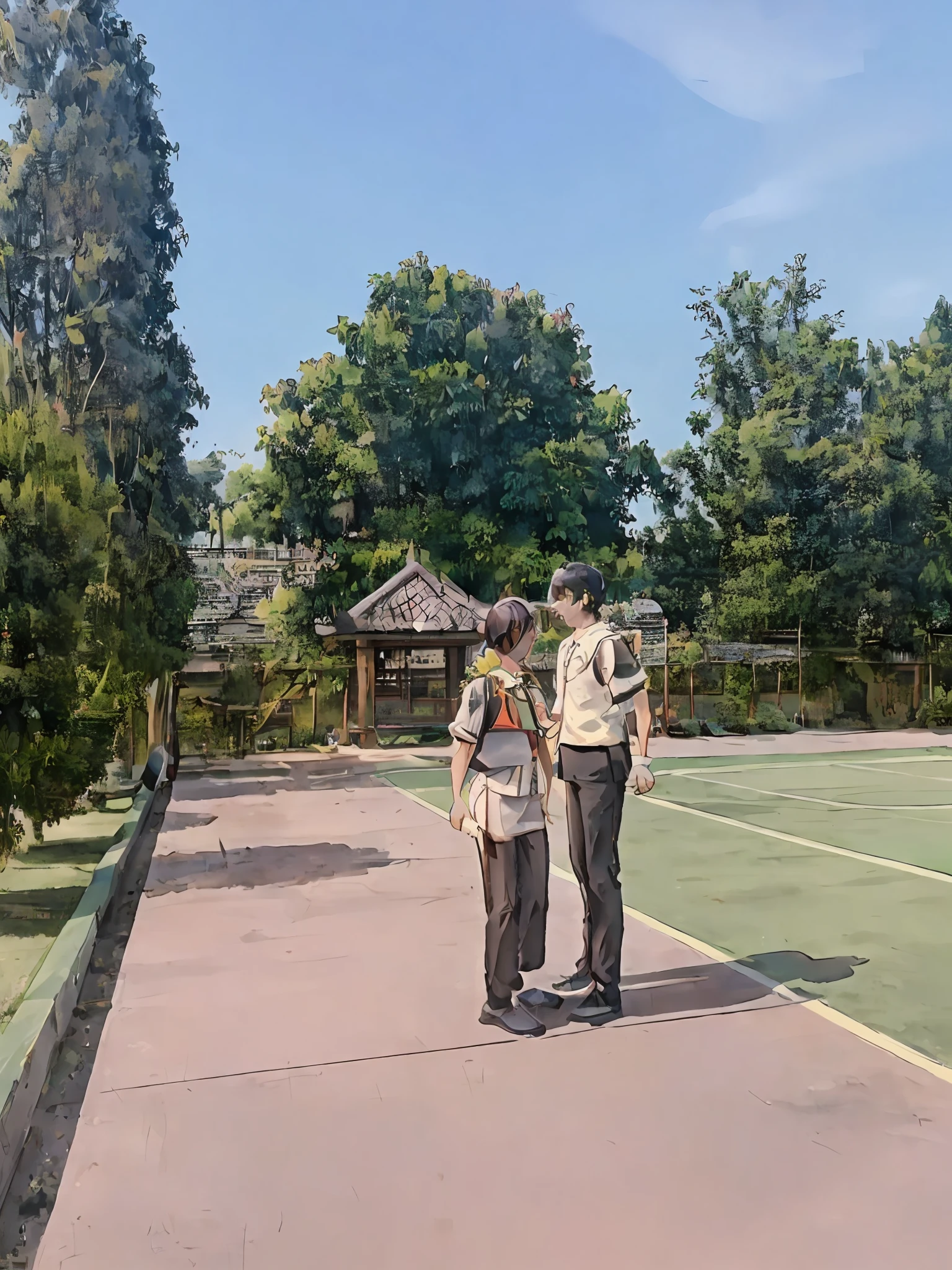 there are two people standing on a tennis court Looking at each other, wpol and sarasti, private moment, student, couple, protrait, wearing headmistress uniform, kuntilanak, in the background, in background, arsitektur nusantara, smooth in _ the background, shot with iphone 1 0, at day, scout boy, during dawn
