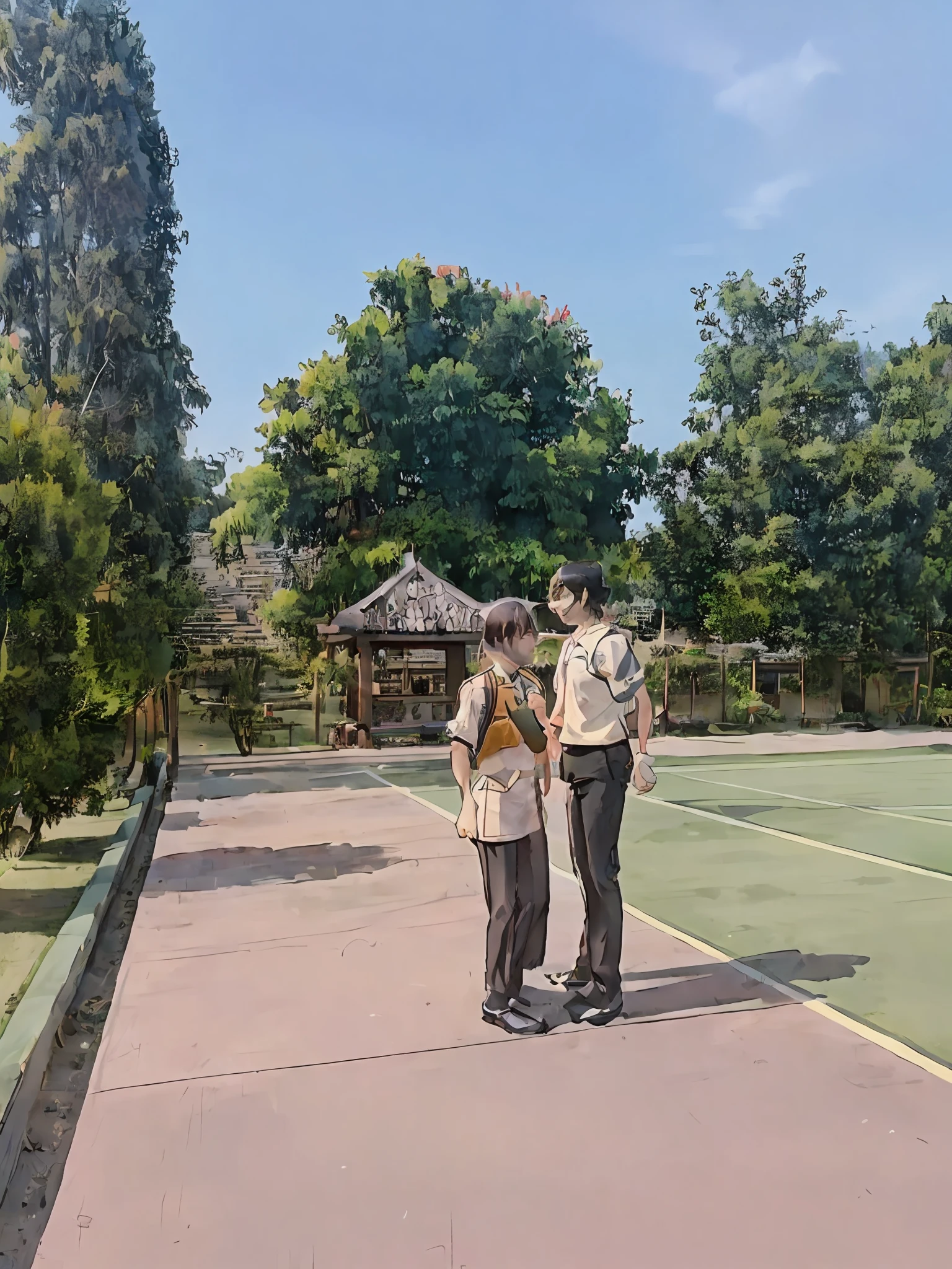 there are two people standing on a tennis court Looking at each other, wpol and sarasti, private moment, student, couple, protrait, wearing headmistress uniform, kuntilanak, in the background, in background, arsitektur nusantara, smooth in _ the background, shot with iphone 1 0, at day, scout boy, during dawn