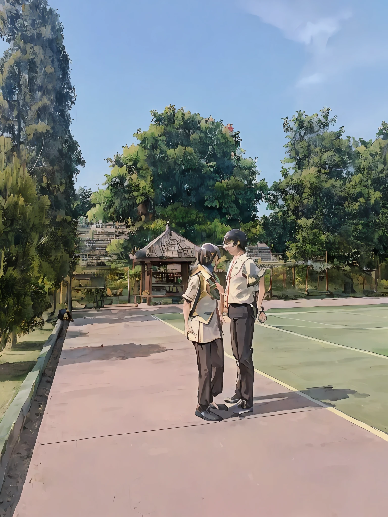 there are two people standing on a tennis court Looking at each other, wpol and sarasti, private moment, student, couple, protrait, wearing headmistress uniform, kuntilanak, in the background, in background, arsitektur nusantara, smooth in _ the background, shot with iphone 1 0, at day, scout boy, during dawn