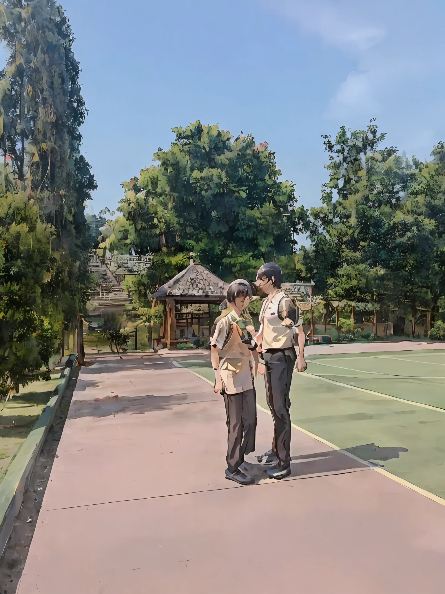 there are two people standing on a tennis court Looking at each other, wpol and sarasti, private moment, student, couple, protrait, wearing headmistress uniform, kuntilanak, in the background, in background, arsitektur nusantara, smooth in _ the background, shot with iphone 1 0, at day, scout boy, during dawn