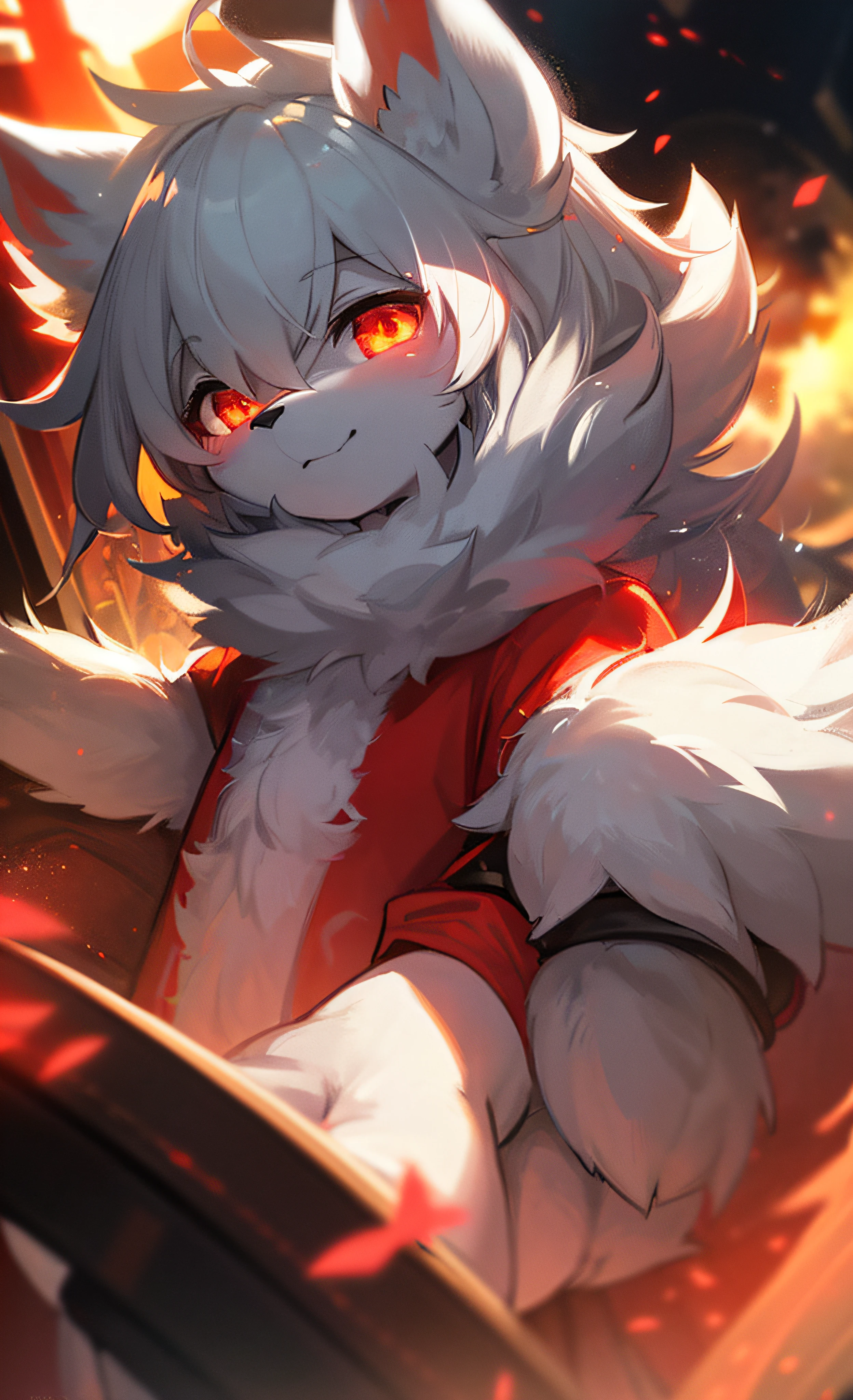 furry, white fur, ultra cute face, red elements on fur, glowing t-shrt, beautiful lights and shadows, ambient light, ultra detailed fur, volumetric light