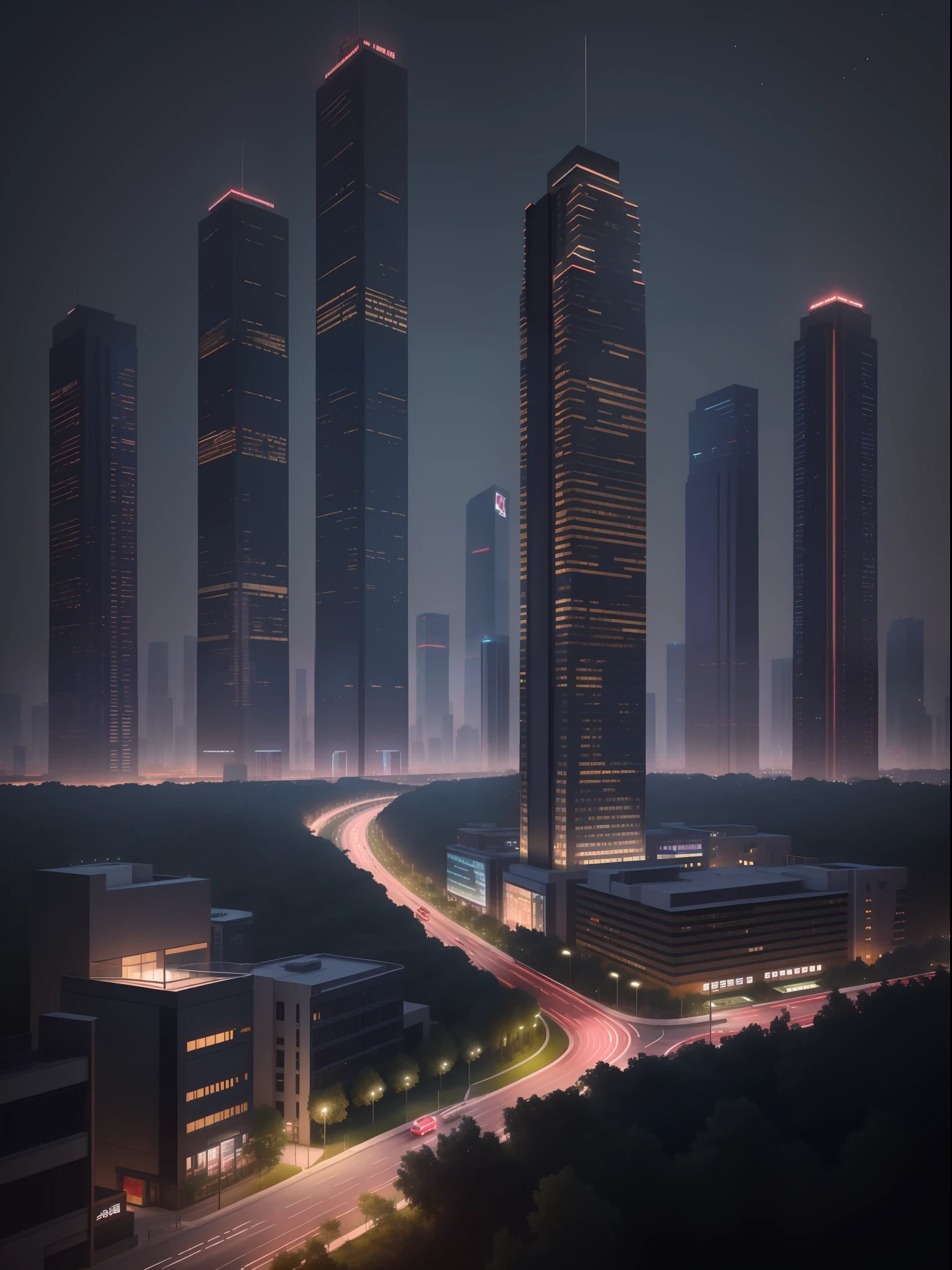 4K分辨率，Highest high resolution，Stelle:parks，droid，styled：Modern China，Complex urban architecture，Comprehensive park，Very realistic city，3D image of a city tall building，the night