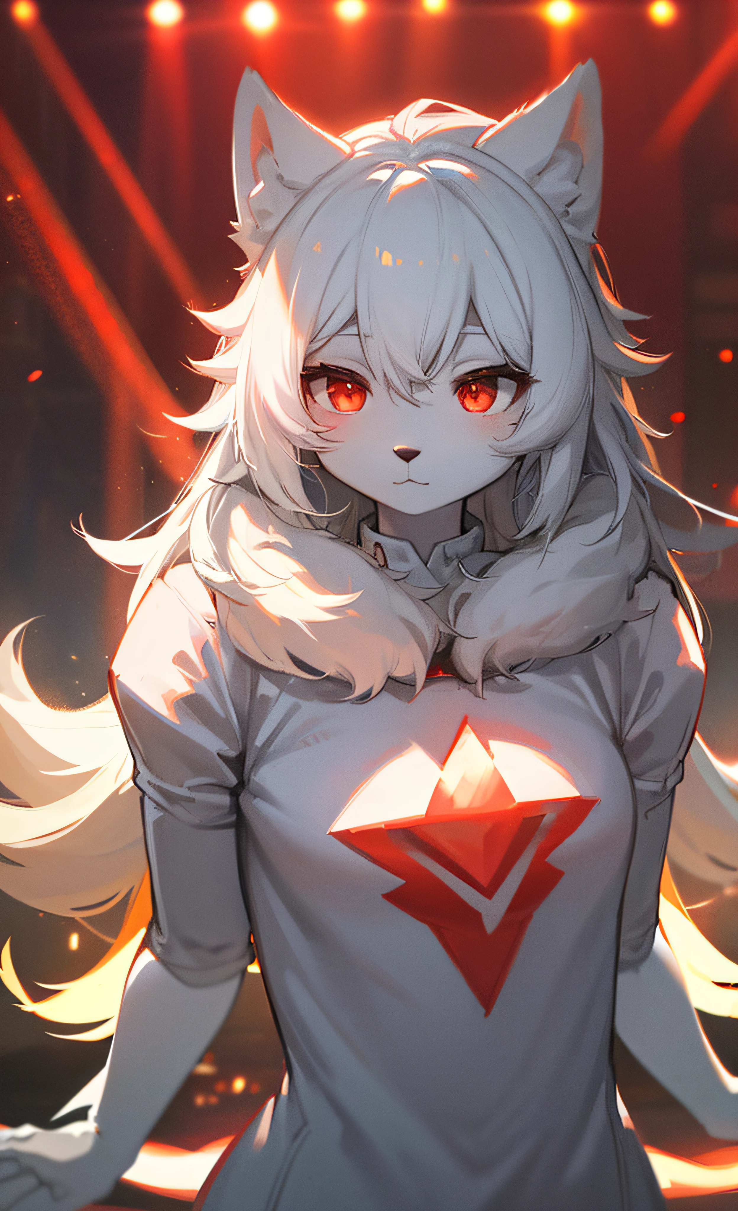 furry, white fur, ultra cute face, red elements on fur, glowing t-shrt, beautiful lights and shadows, ambient light, ultra detailed fur, volumetric light