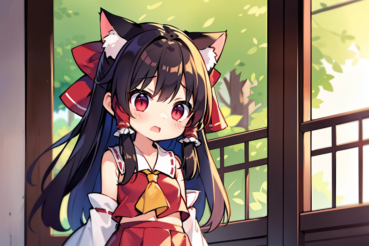 Borei Reimu、cat ear、suprised、is standing、Red ribbons、One Girl