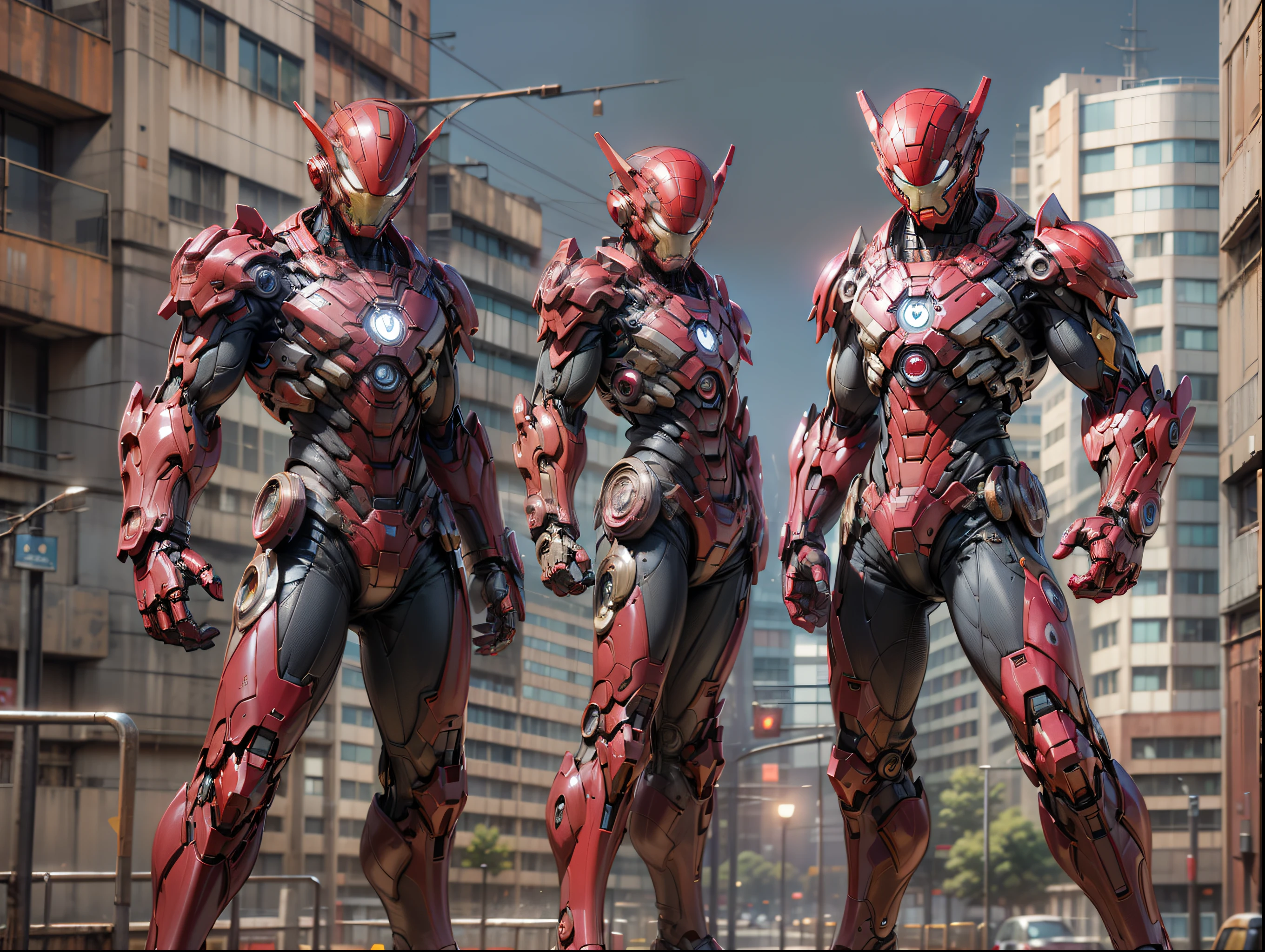 3dcharacter warrios, ironman, Marvel (full bodyesbian:1.2),Spiderman and werewolf, standing looking at each other, urban backdrop, universe background, 3D, C4D,, Masterpiece,Best quality,(red gradient background:1.1)