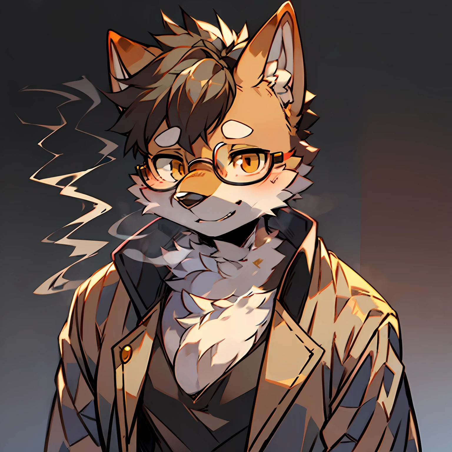 solo person,shaggy male,Furry,Dogs,Shiba dog,canid,light brown fur,Gold eyes,Wearing glasses,smokeing,Detective
