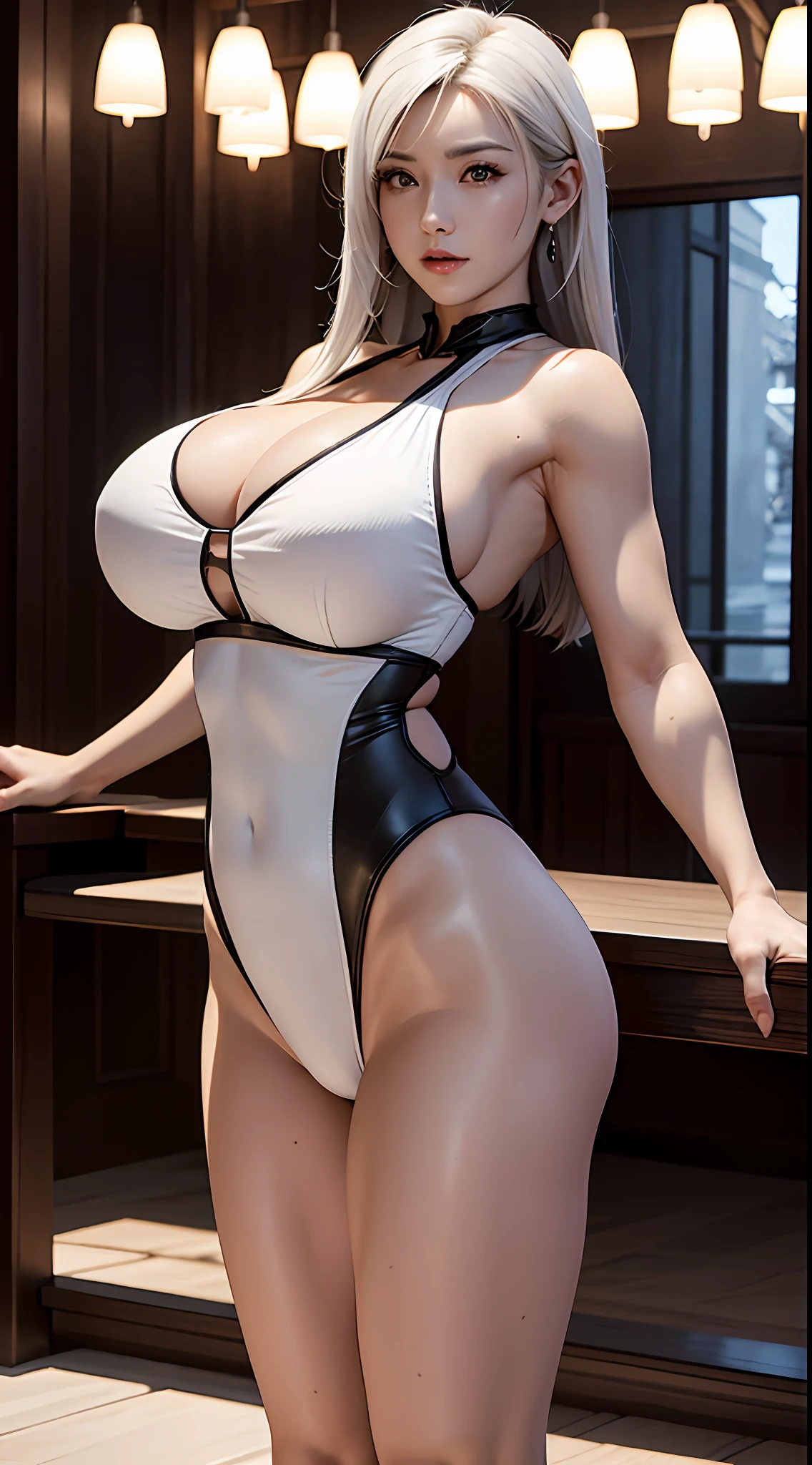 （tmasterpiece）， （best qualtiy）， 8K分辨率， ultra - detailed， photorealestic， photore， femele， Short white hair，Eight-pack abs，Expose abs，with a well-proportioned body，Toned arms，3DMM style，White super sexy super high fork super deep V three-point one-piece swimsuit，fully body photo，Body facing the camera，arms stretched wide，She has incredibly huge breasts, Firm, full, large breasts，中景 the scene is