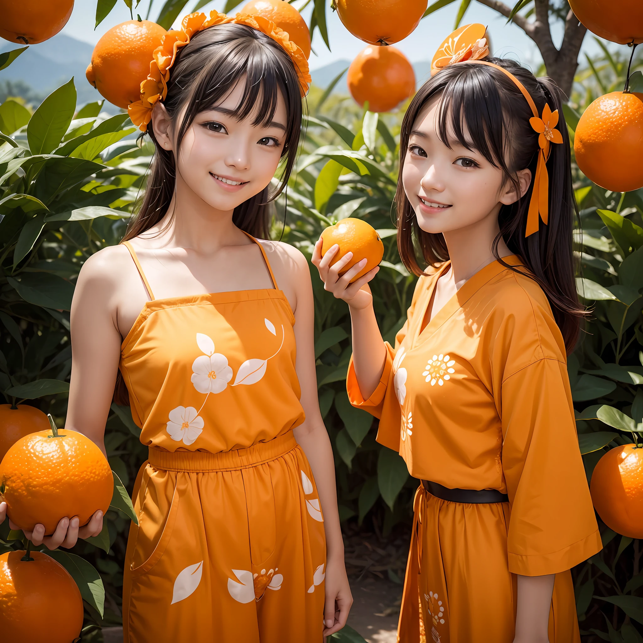 ​masterpiece、top-quality、realisitic、Photorealsitic、Orange-themed paradise、Teenage Japan woman in cute costume with orange motif、Orange Accessories、Eating oranges、Surrounded by lots of orange slices、Orange plantation、Bright décor、A smile、Joy、dynamic ungle、动态照明