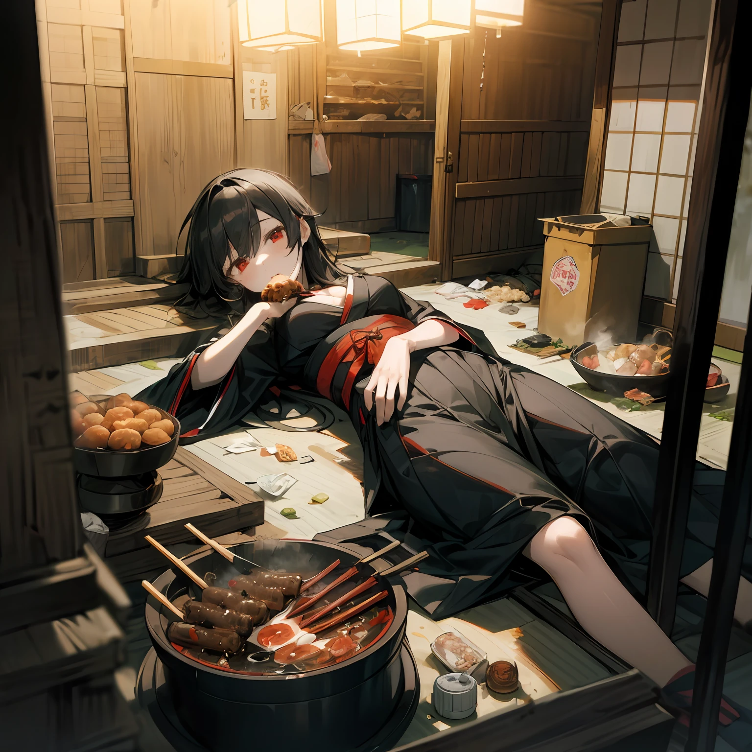 (masterpiece, best quality),(night,trash,junk:1.3),(alley in Japan,casserole),1girl,eating,messy,empty can,black hair,long hair,messy hair,red eyes,black clothes,japanese clothes,crate,skewer,tokkuri,sukiyaki,oden,small breasts,lie down on the ground,expressionless,ceiling