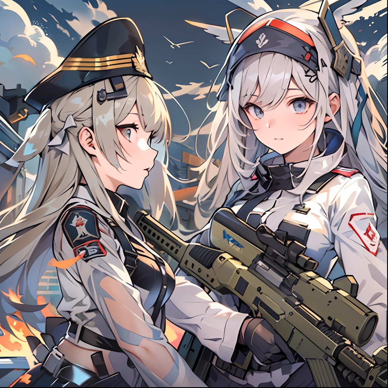 (top-quality、8k、32k、​masterpiece、UHD:1.3)、(Attractive Japanese Woman Pictures)、Girl Flying in the Sky,the angel's wings、Armed Angel Girl Frontline Style, from girls frontline, Fine details. girls' frontline, girls' frontline, girls frontline cg, infantry girl, Women's Last Tour, soldier girl, M4 Sopmod II Girls Frontline, anime maid ss military, girls frontline universe, Mechanized soldier girl, Majora、lieutenant colonel、Girls Moon、Start of battle！