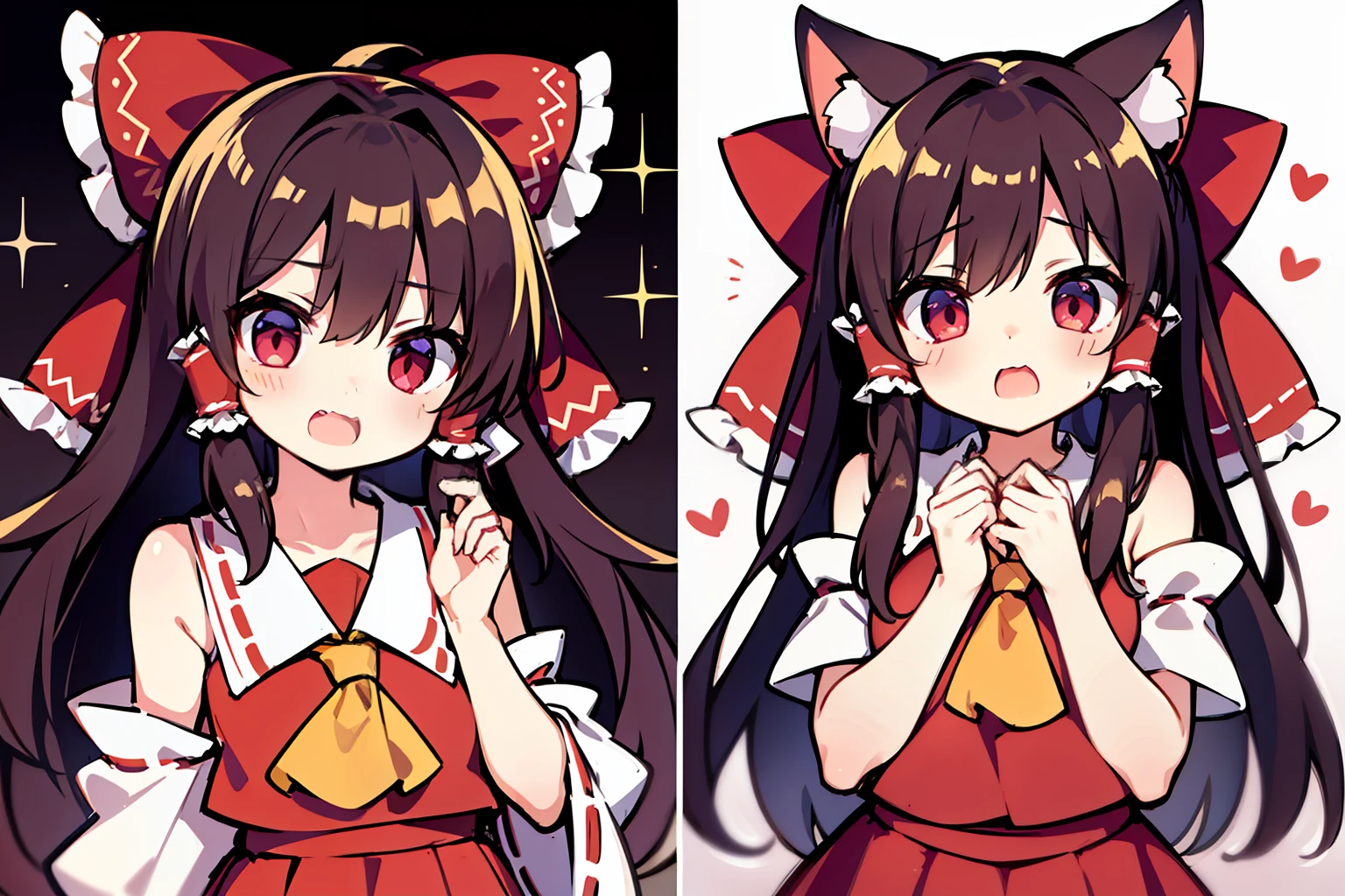 Borei Reimu、cat ear、suprised、is standing、Red ribbons、One Girl
