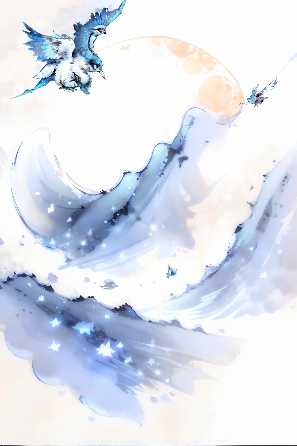 A bird，Fly over the mountains，the sea，Lots of white space，There are moons，There are stars，There are girls in dreams