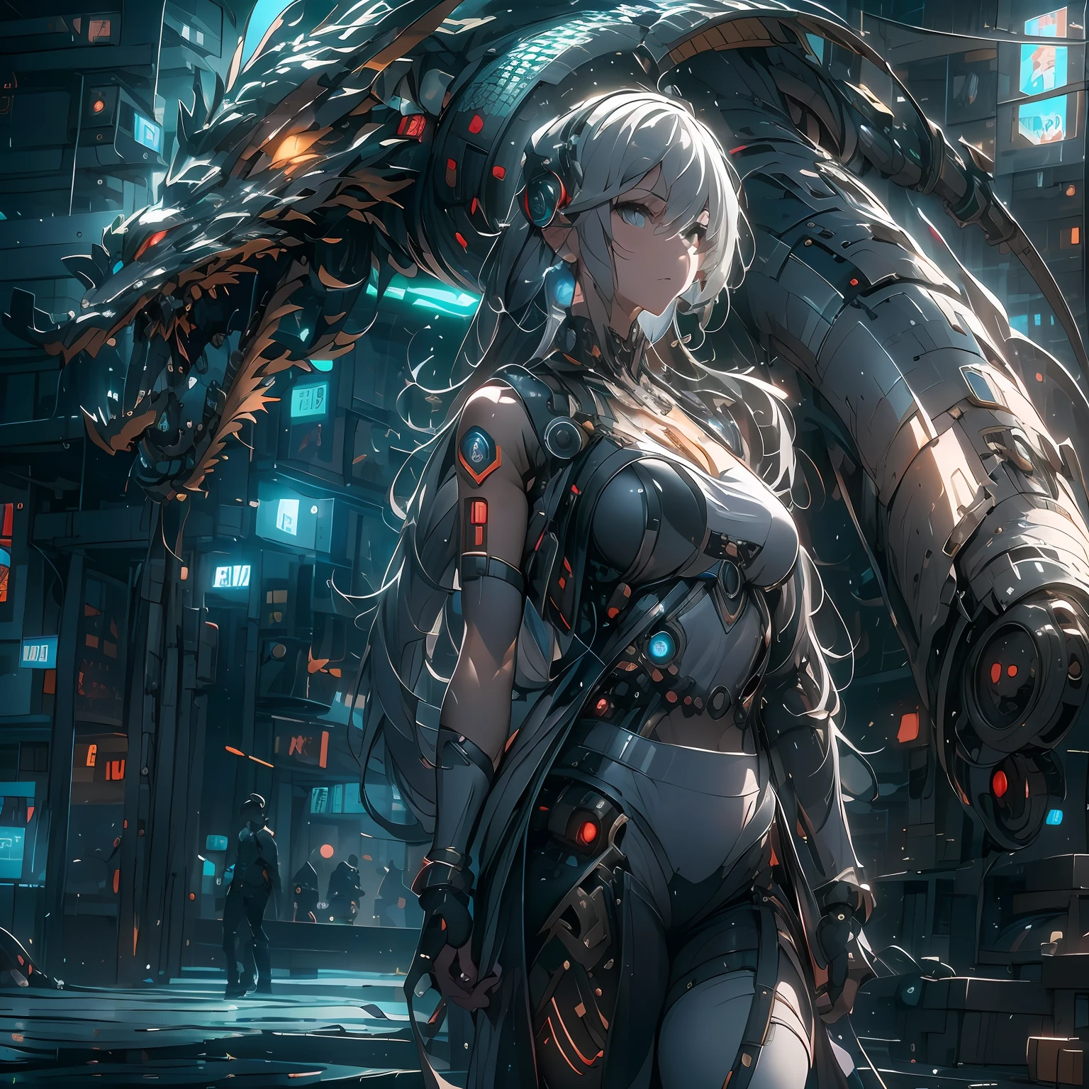 ((A futuristic)), ((mito)), ((fanciful)),Machinary,1girll, Cyberpunk urban environment, gray-haired girl,Avant-garde clothing, (Surrounded by mechanical Asian dragons:1.5), Mechanical dragon,(neonlight:1.2), (cybernetically enhanced:1.1), (Fine dragon scales:1.1), (action-packed scene:1.2), (cinematic compositions:1.1), Mixed media artwork, 8K分辨率,best qualtiy,lightand shade contrast,Unreal 5,