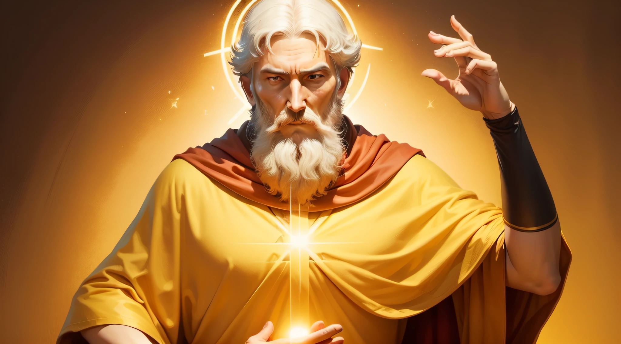 draw the biblical character St. Benedict with one hand facing forward blessing people,backgroud sem muitos detalhes, somento com reflexo em amarelo