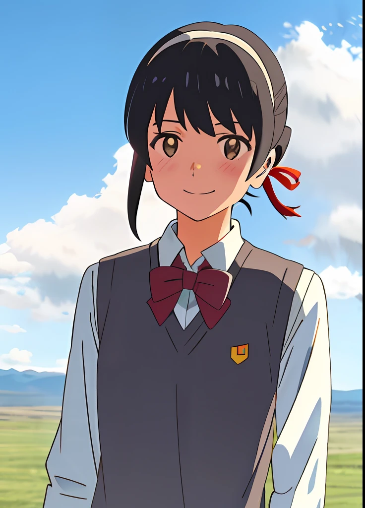 shinkai makoto, kimi no na wa., 1girl, bangs, black hair, blue sky, blush, bow, bowtie, brown eyes, cloud, collared shirt, hair ribbon, hairband, looking at viewer, negative space, outdoors, red bow, red bowtie, red hairband, red ribbon, ribbon, school uniform, shirt, short hair, sky, smile, solo, sweater vest, upper body, vest, white shirt, yellow sweater vest, yellow vest